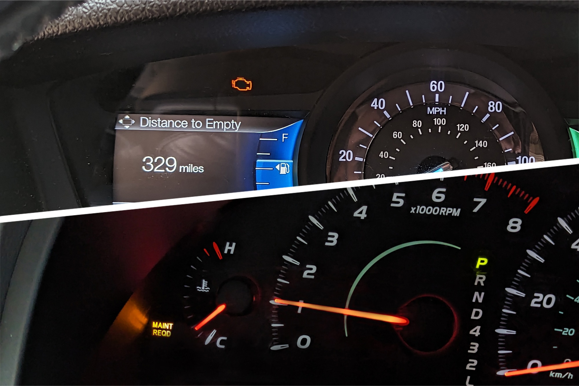 Gauge cluster with check-engine light on and other with maintenance-required light illuminated.