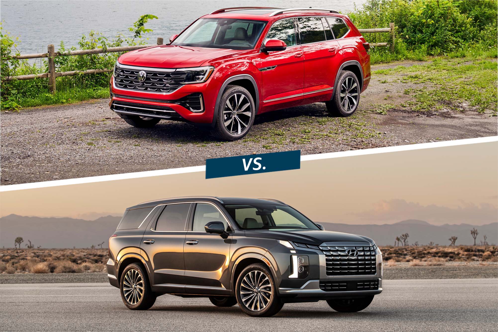 A composite image of a red 2024 Volkswagen Atlas above a black 2024 Hyundai Palisade