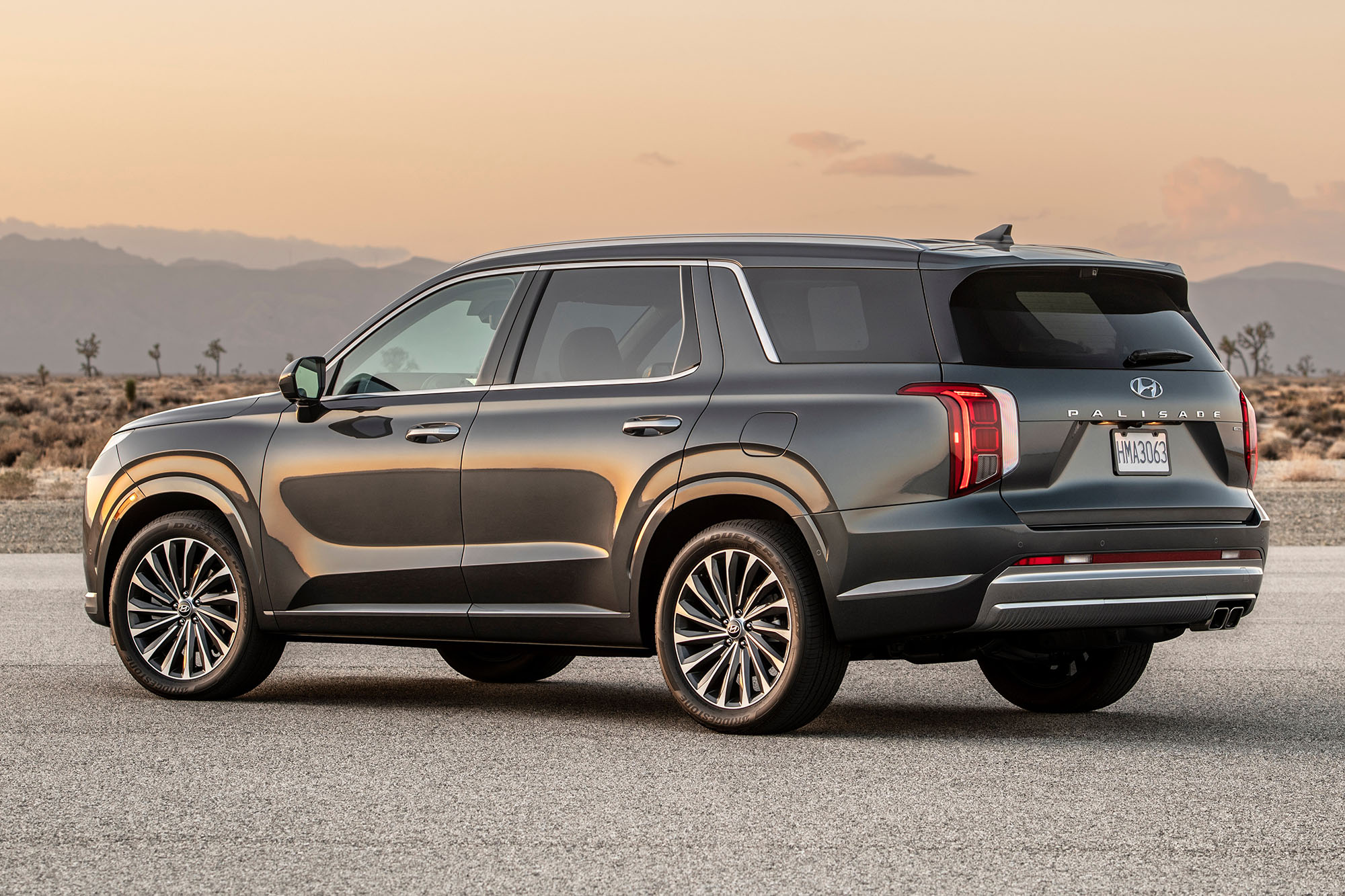 Left rear quarter view of a gray 2024 Hyundai Palisade