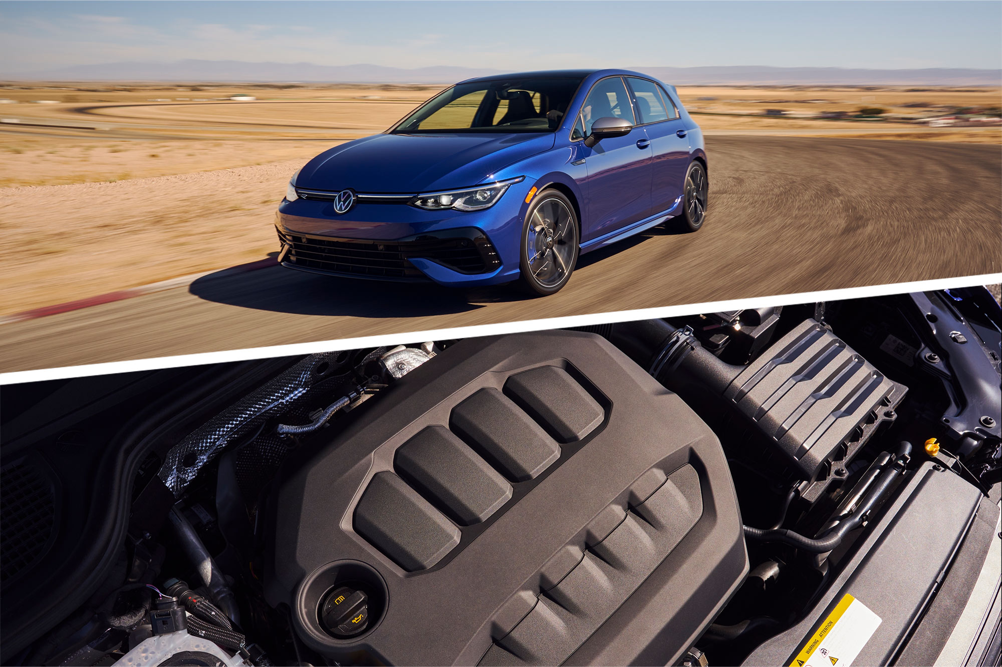 Volkswagen Golf R and close up shot of EA888 in its engine bay.