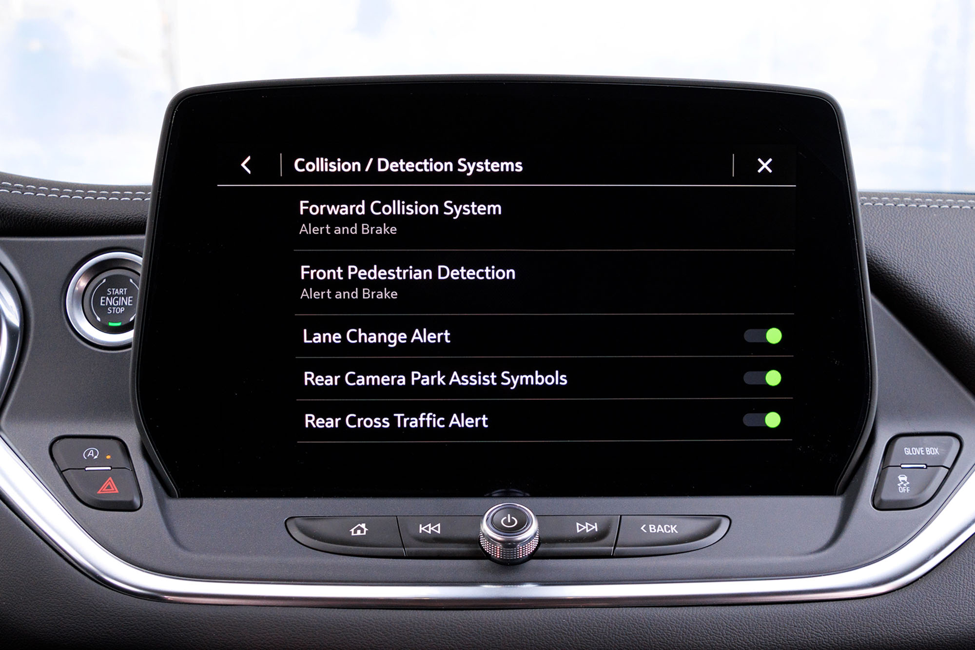 View of the safety features menu on the infotainment system screen in a 2024 Chevrolet Blazer.