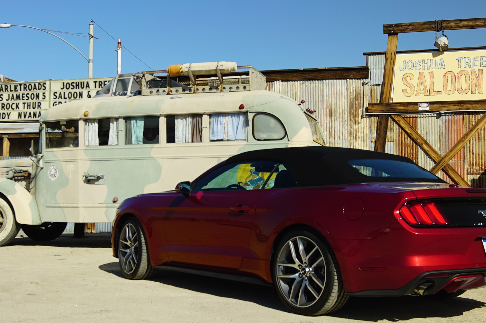 Red 2015 Ford Mustang convertible parked in Joshua Tree, California