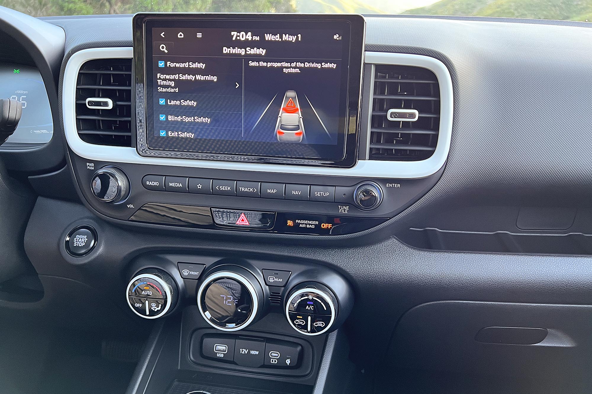 View of a 2024 Hyundai Venue Limited interior showing the safety features menu on the infotainment screen.