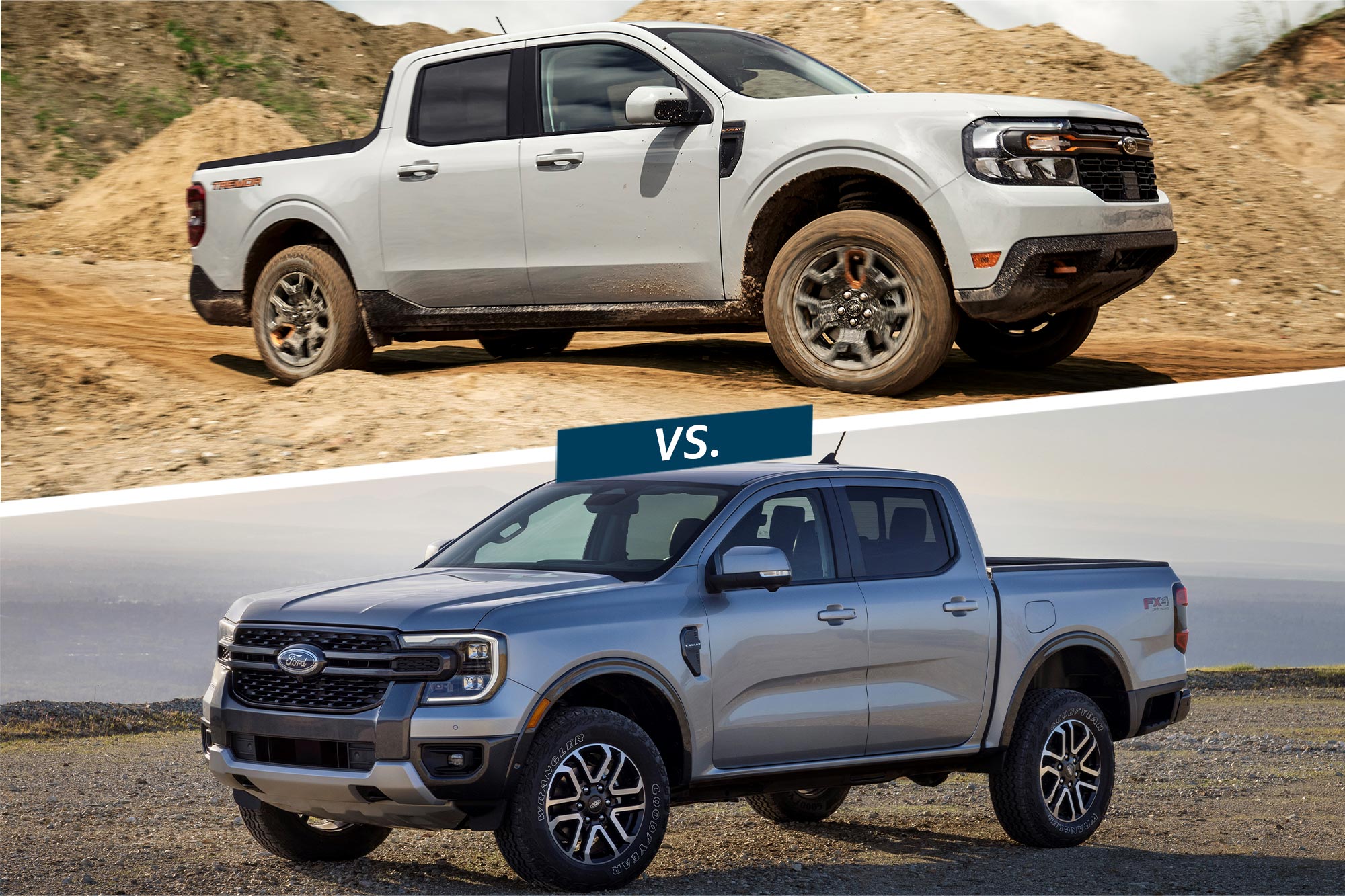 Front of a white 2024 Ford Maverick and a silver 2024 Ford Ranger