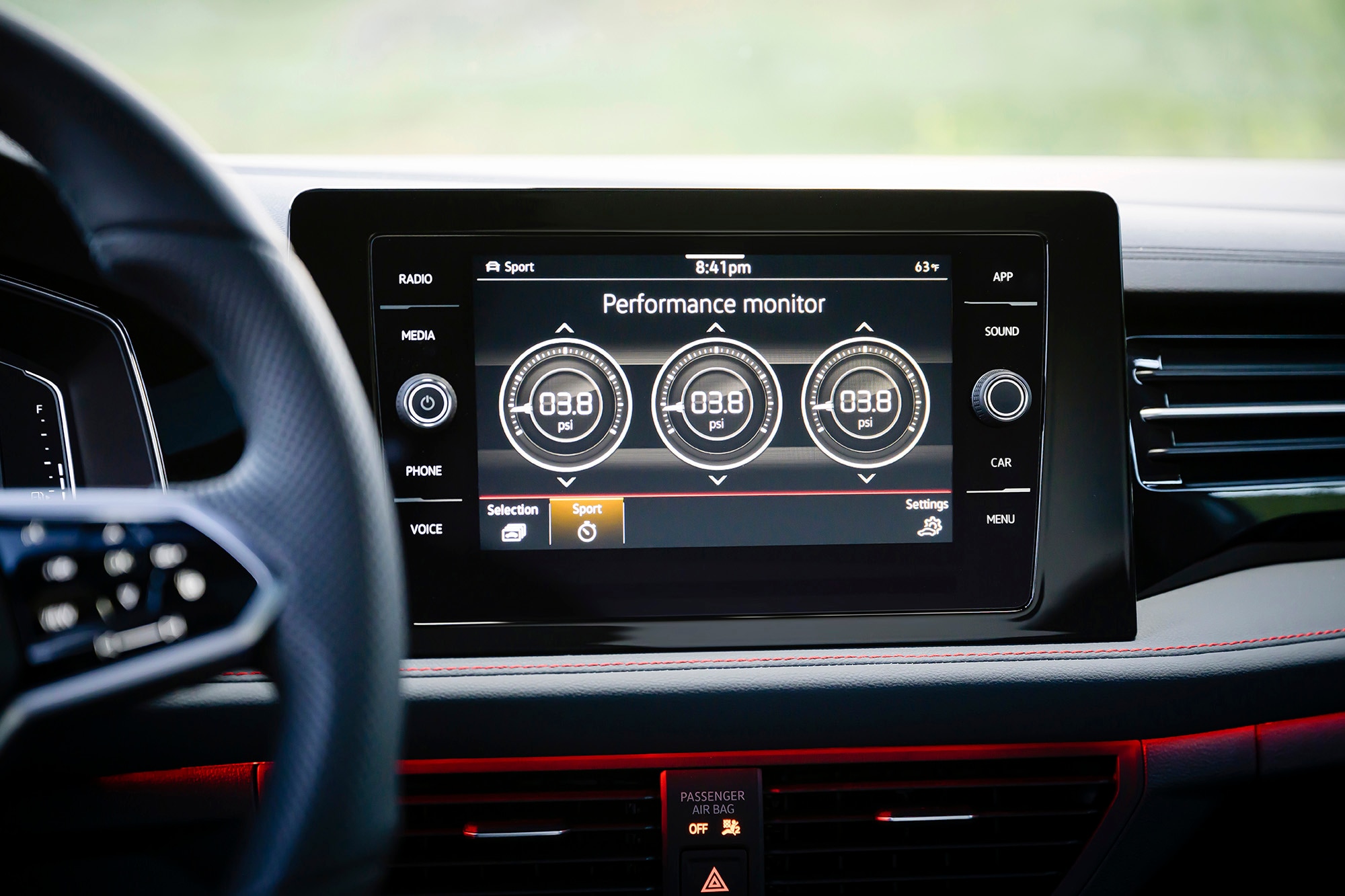 2025 Volkswagen Jetta GLI infotainment screen displaying performance monitor