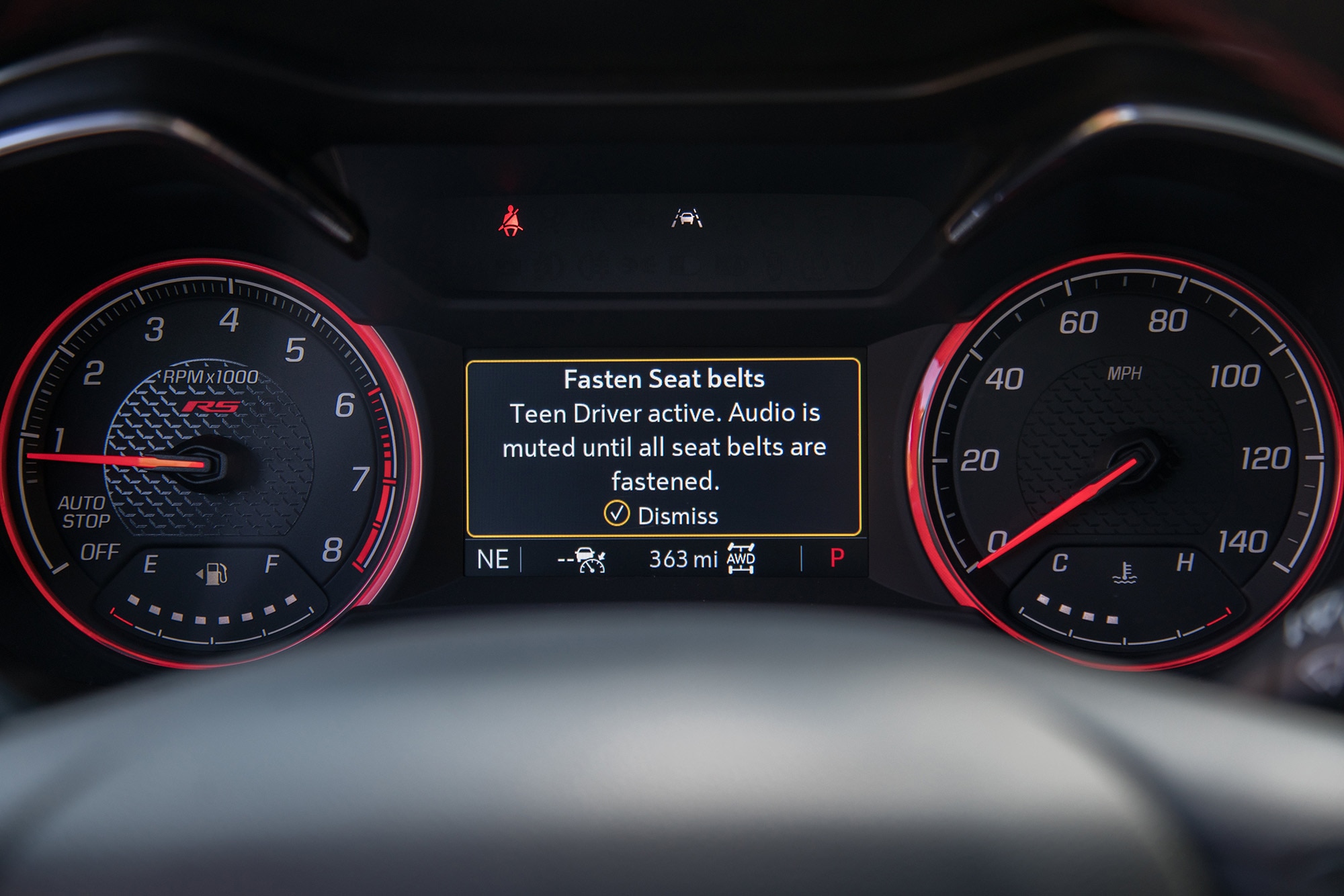 Center console screen with Chevrolet Teen Driver active.