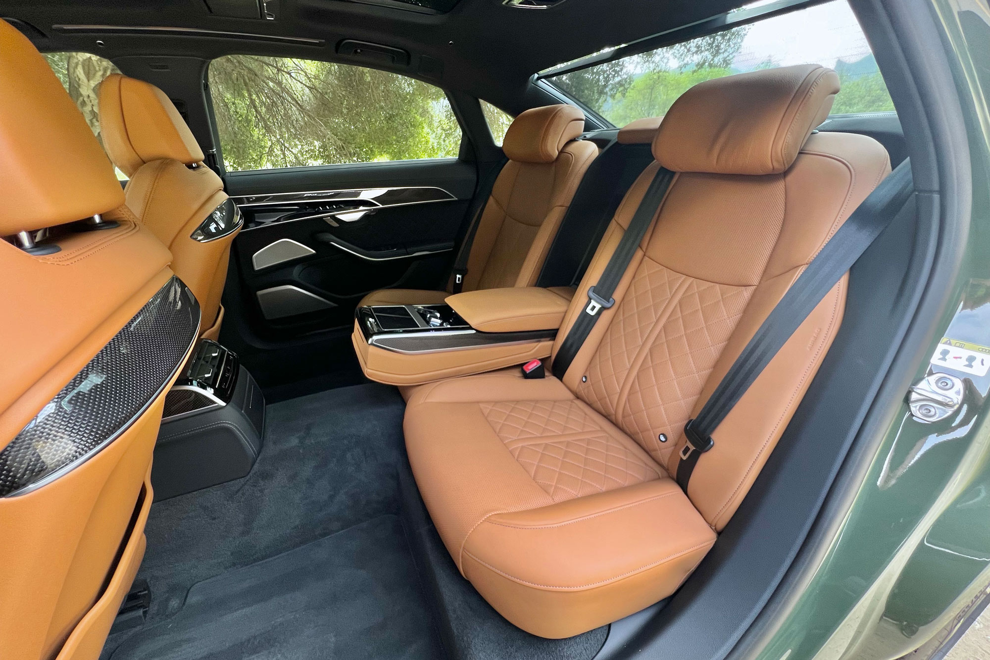 2024 Audi S8 interior showing the back seats as equipped with the Rear Seat Comfort package.