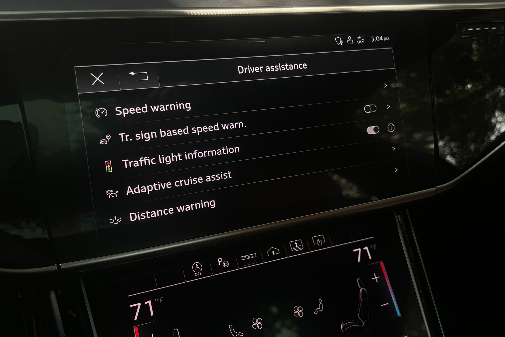 2024 Audi S8 interior showing the safety features menu on the infotainment screen.