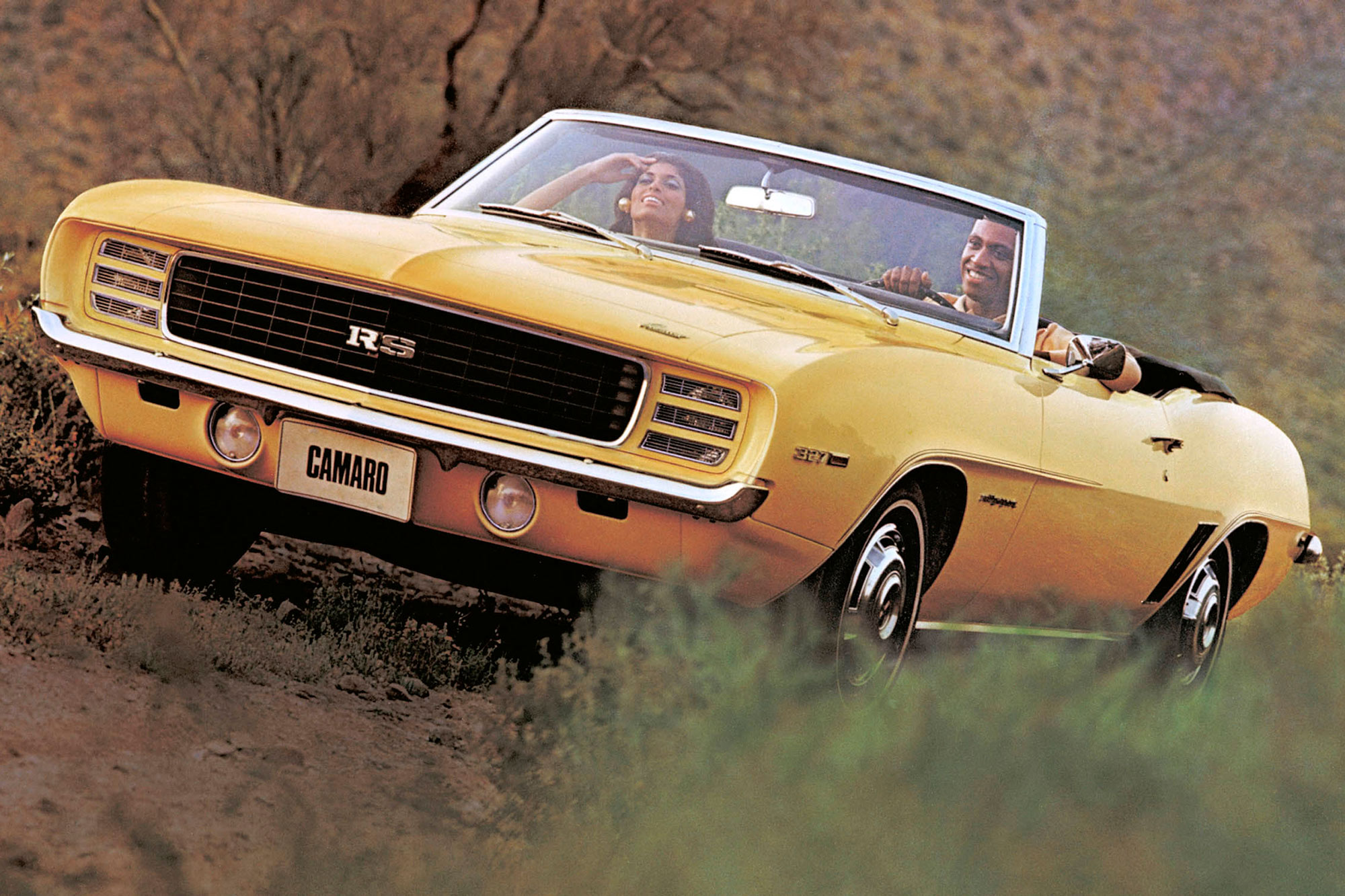 Front of a yellow 1969 Chevrolet Camaro RS