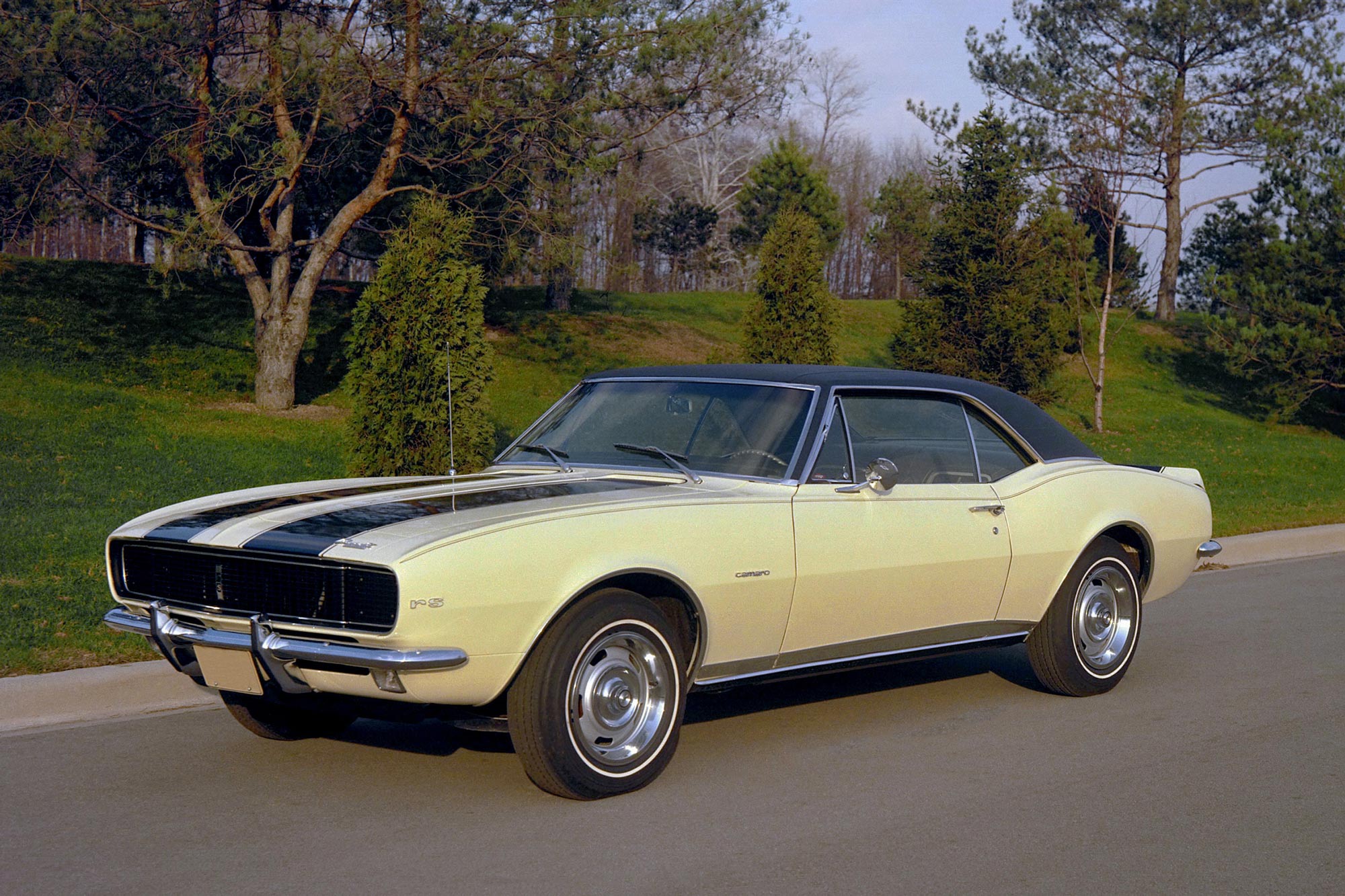 Front of an off-white 1967 Chevrolet Camaro RS