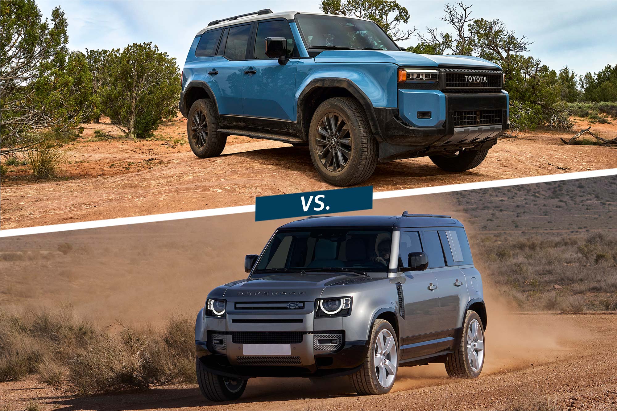 Front of a blue 2024 Toyota Land Cruiser and the front of a gray 2024 Land Rover Defender 110