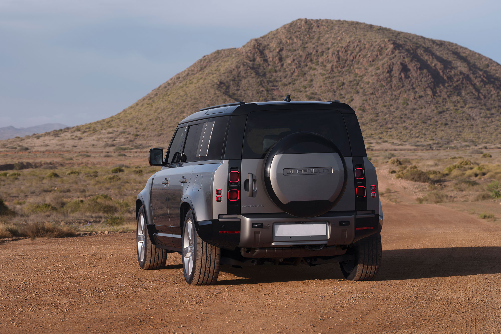 Rear of a gray 2024 Land Rover Defender 110