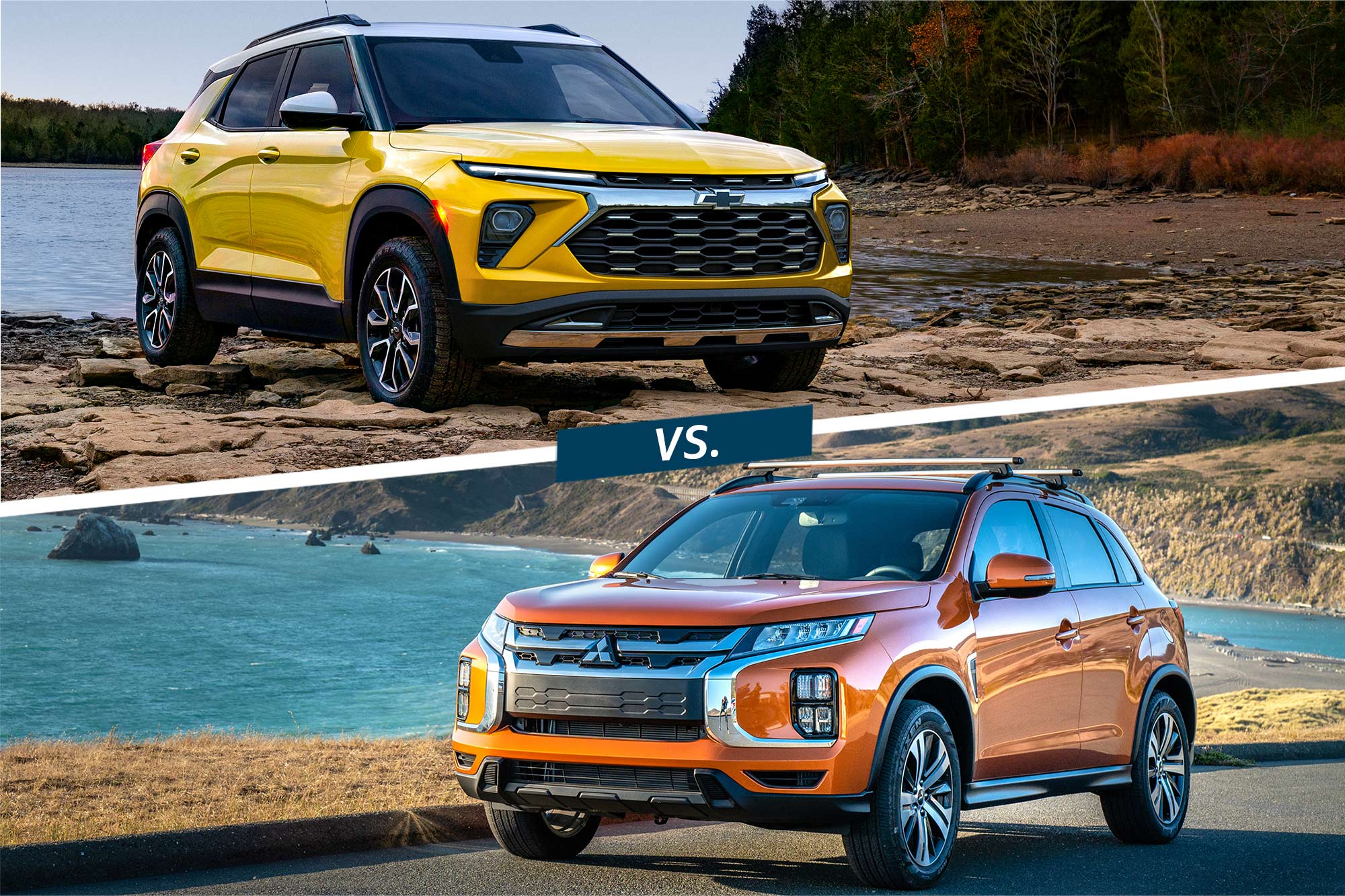 Front of a yellow 2024 Chevrolet Trailblazer and an orange 2024 Mitsubishi Outlander Sport