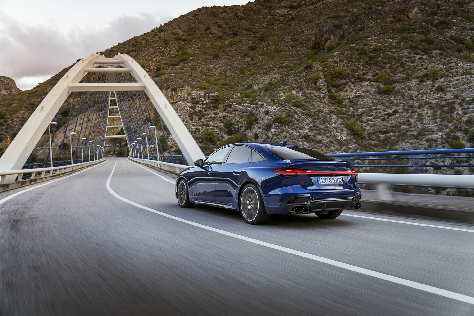 2025 Audi S5 Sedan in Ascari Blue Metallic, rear