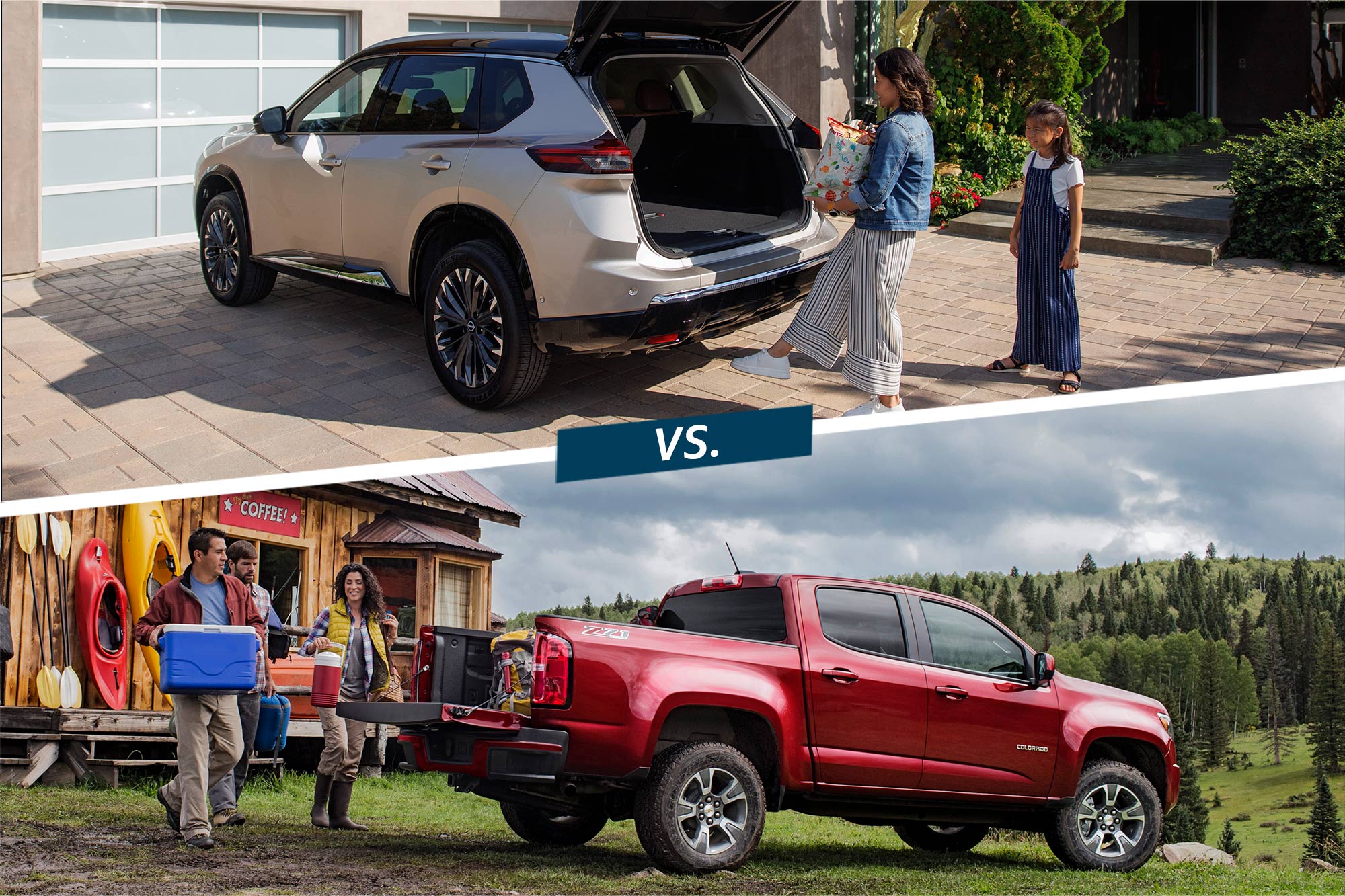 A person loads gear into the back of a white Nissan Rogue and three others load equipment into the back of a red Chevrolet Colorado