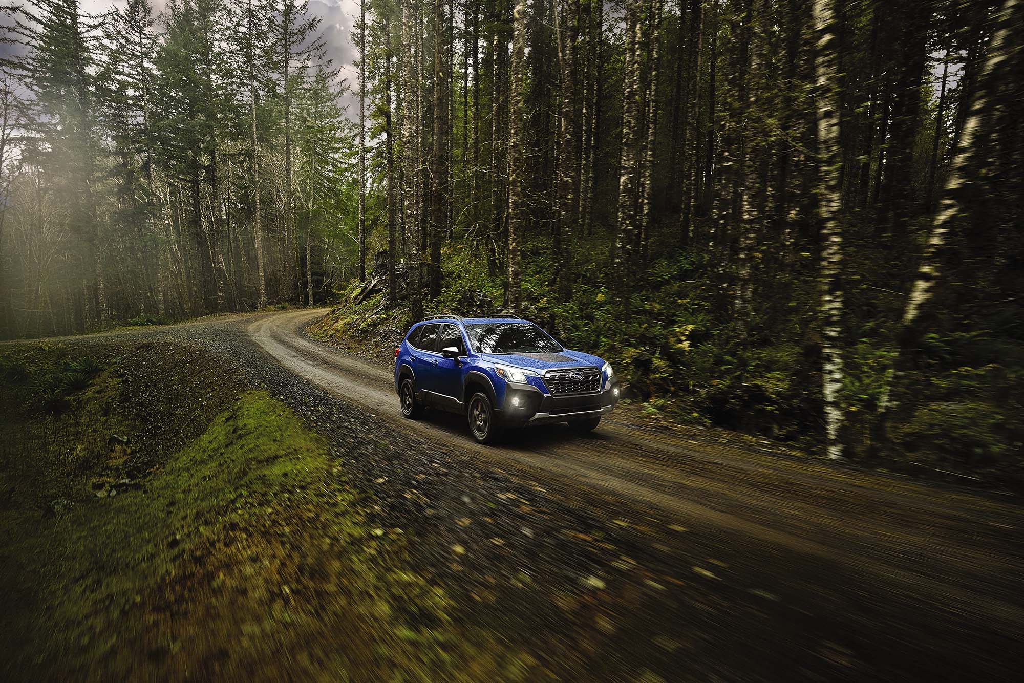 Blue Subaru Forester driving on unpaved road in a forest.