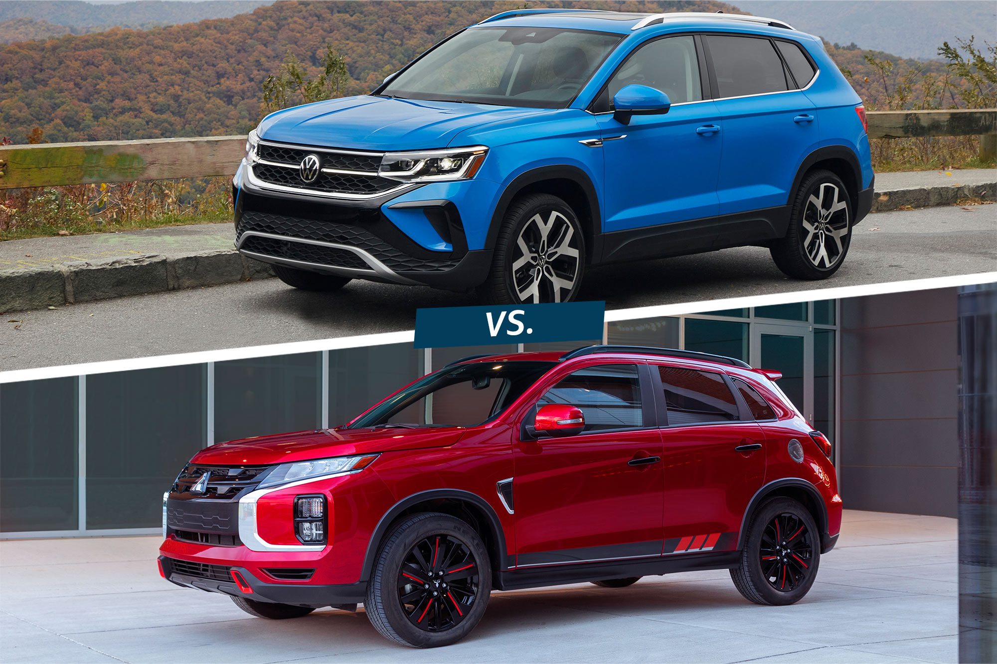 Blue 2024 Volkswagen Taos and red 2024 Mitsubishi Outlander Sport.