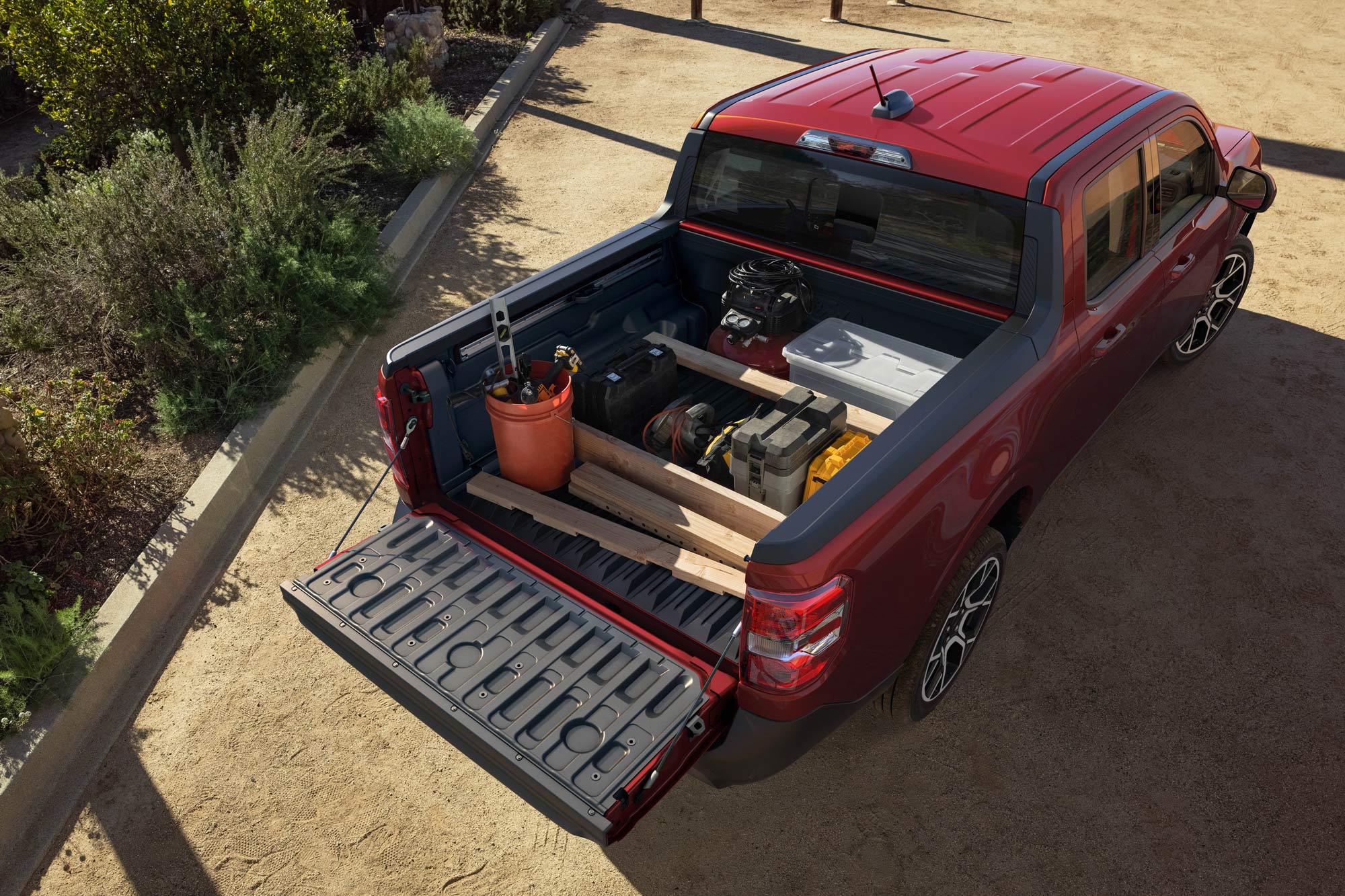 Red 2025 Ford Maverick Lariat from above