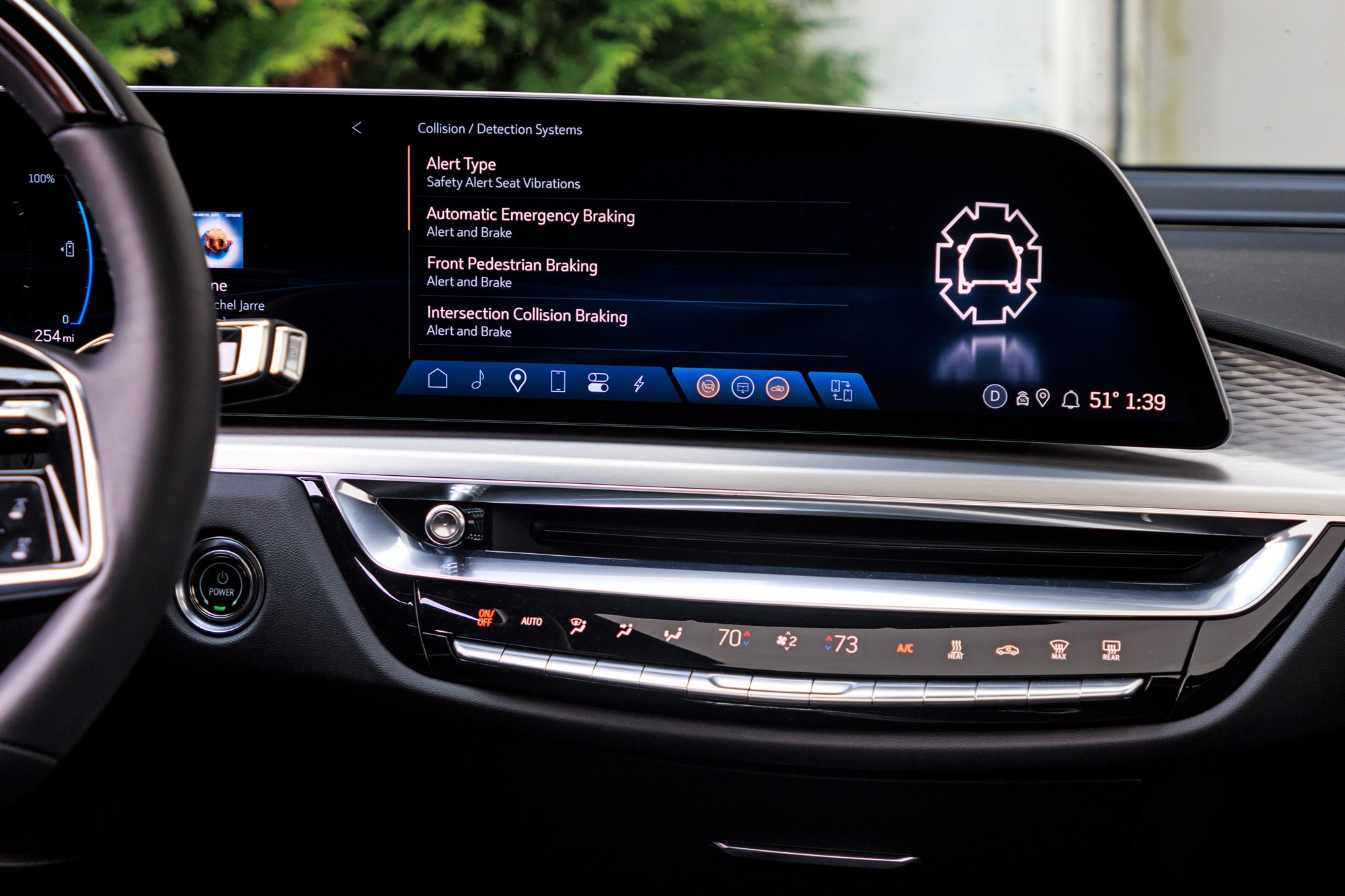 2024 Cadillac Lyriq interior showing the safety features menu on the infotainment screen