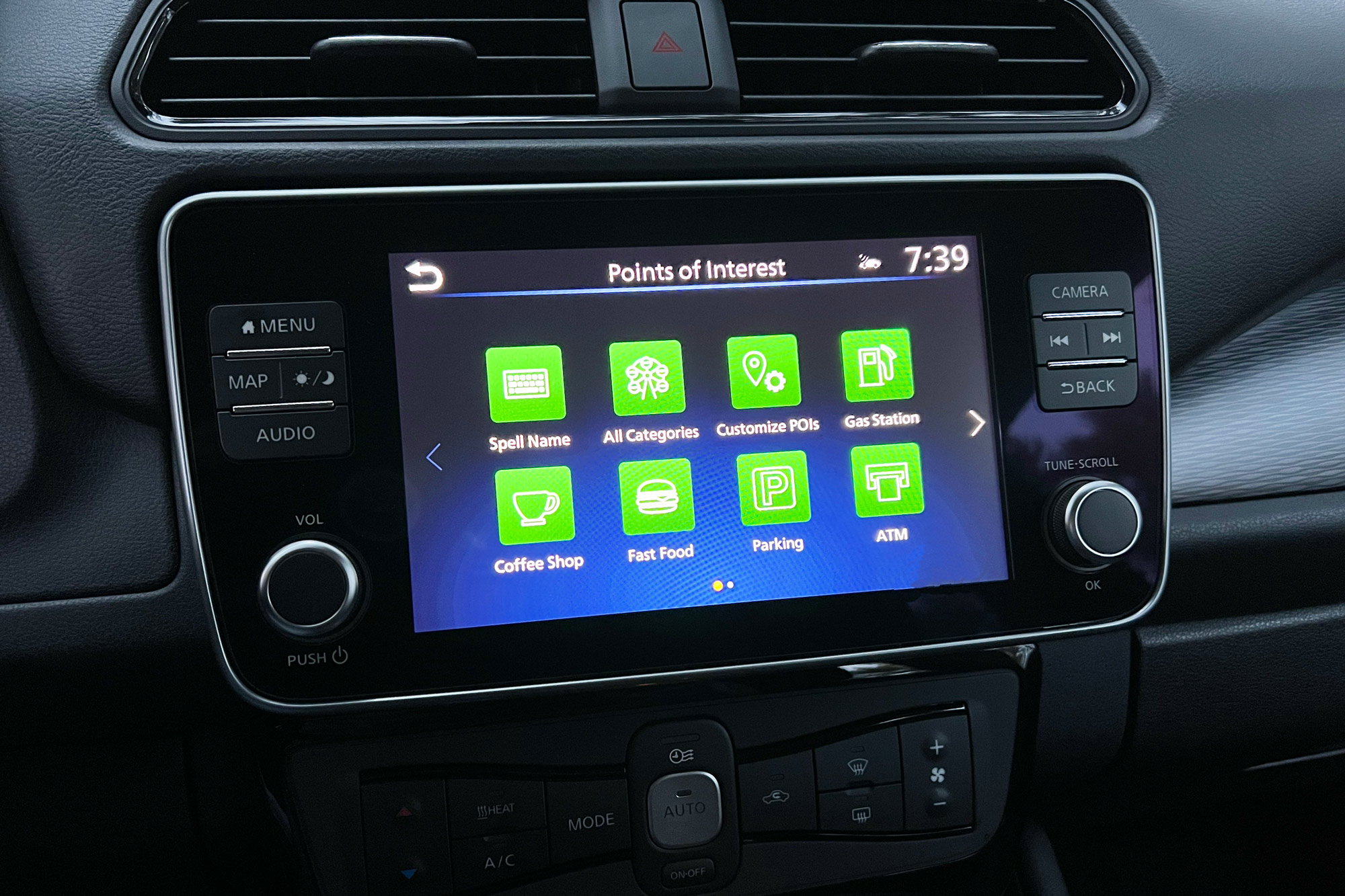 2024 Nissan Leaf SV Plus interior showing the navigation system menu