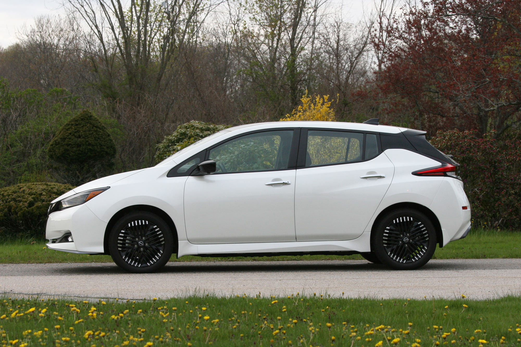 Side view of a white 2024 Nissan Leaf SV Plus parked with trees in the background