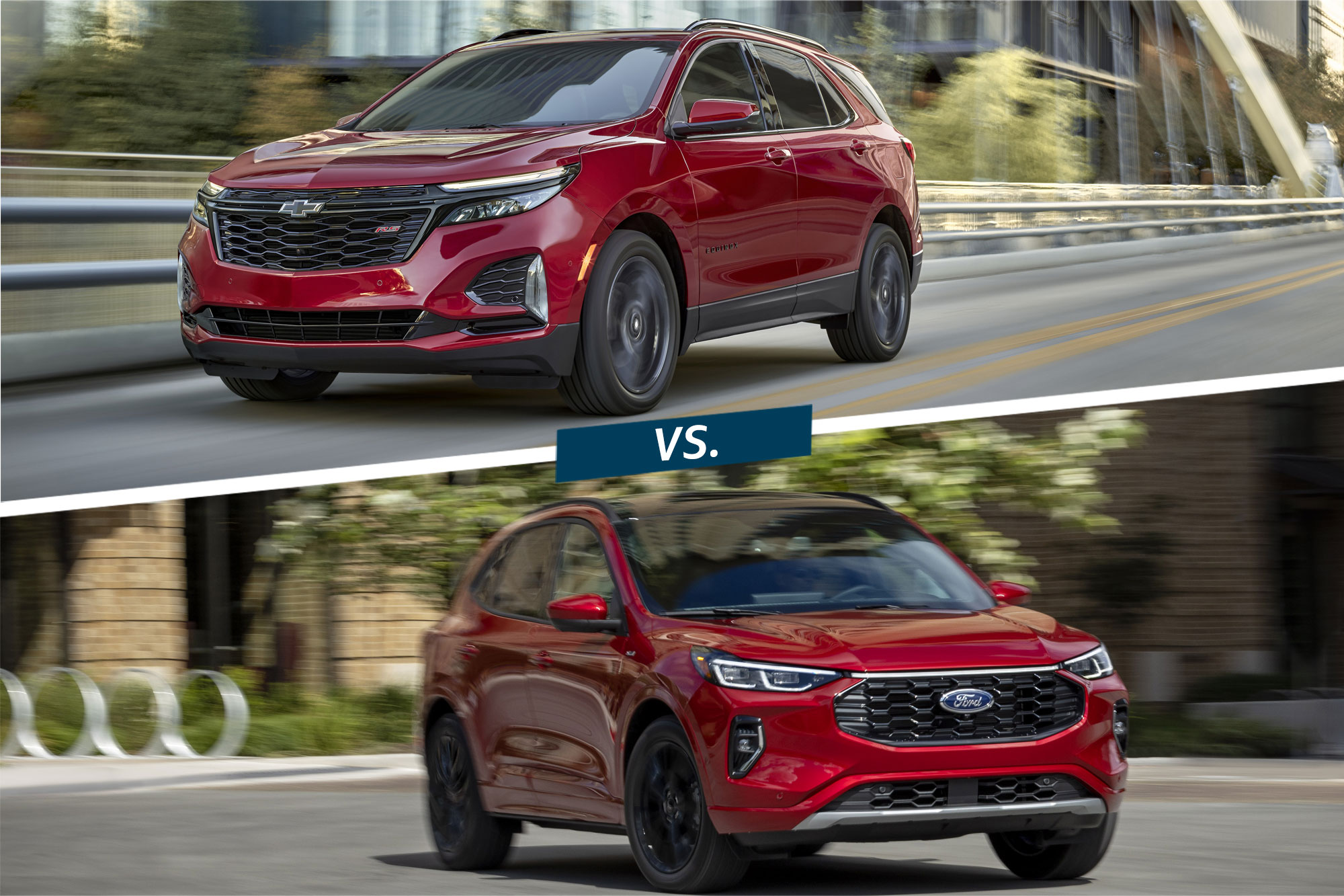 Split image with red Chevrolet Equinox on top and red Ford Escape on the bottom.