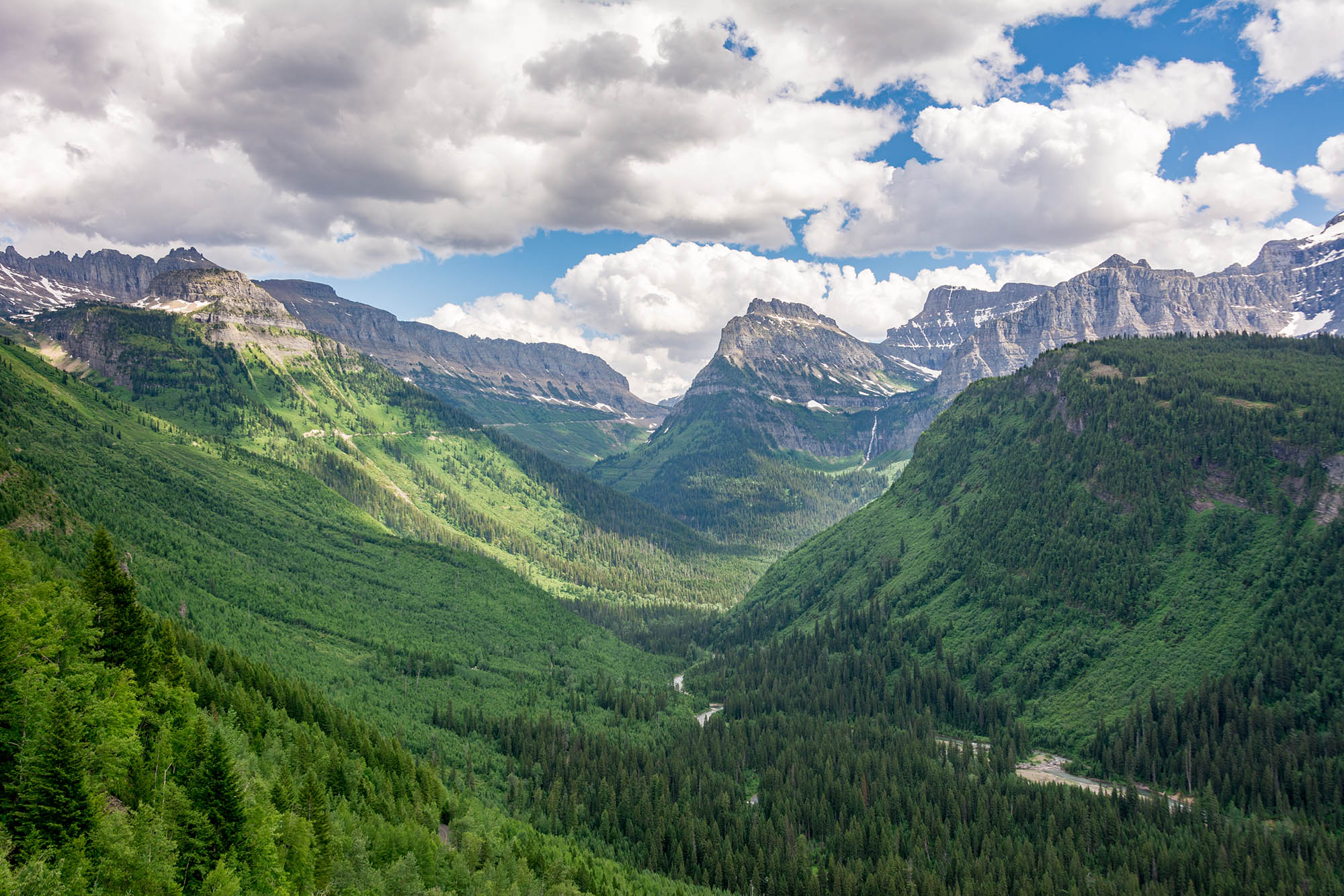 Glacier National Park with green hillsides and mountains in the distance under a cloudy sky.