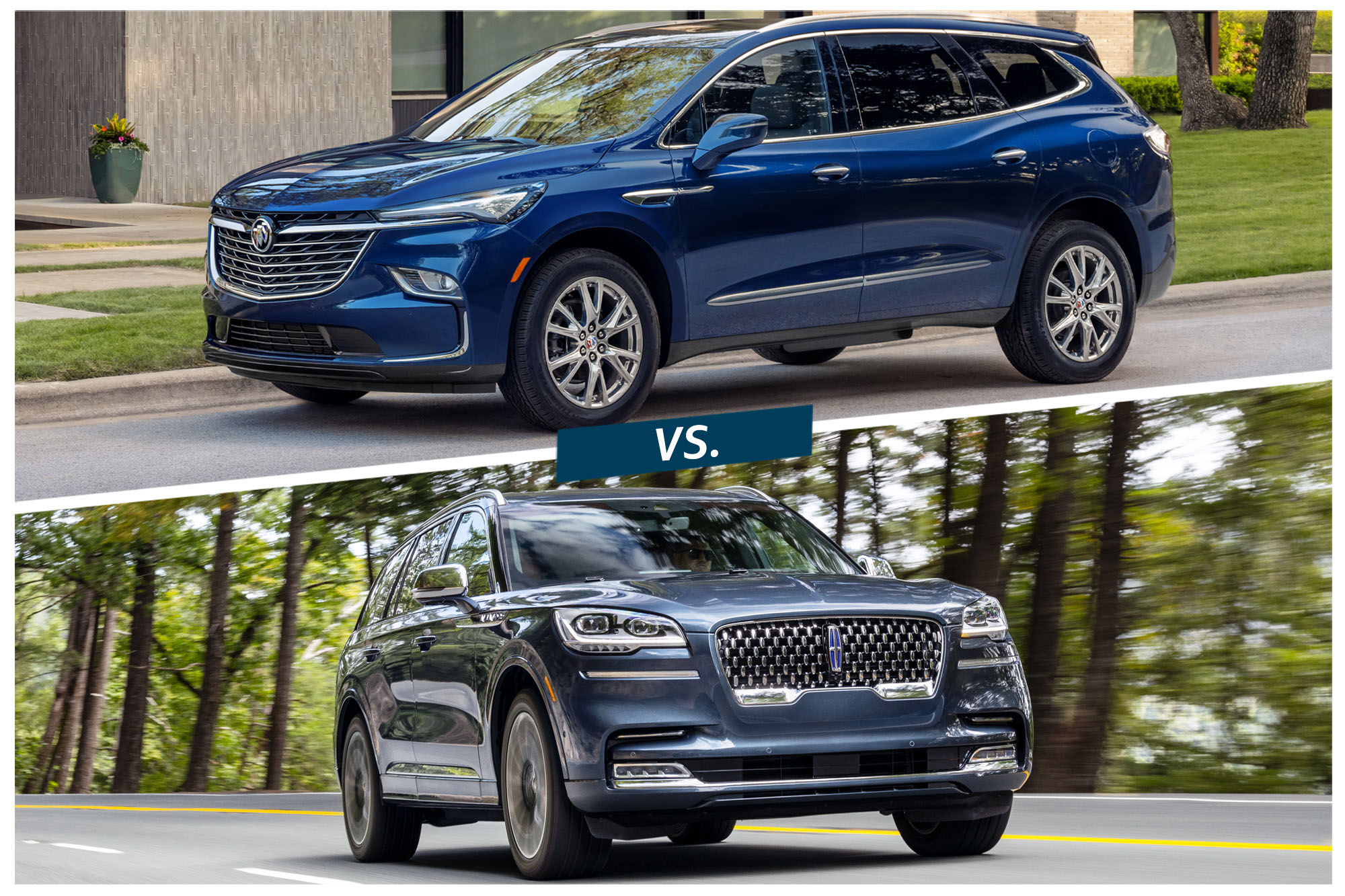 2023 Buick Enclave in blue atop a blue Lincoln Aviator