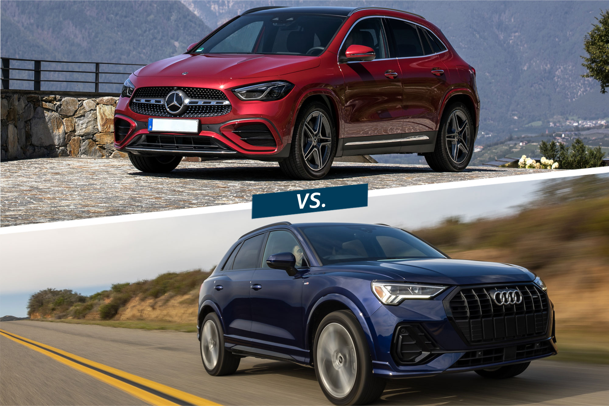 Split image with a red Mercedes-Benz GLA atop a blue Audi Q3