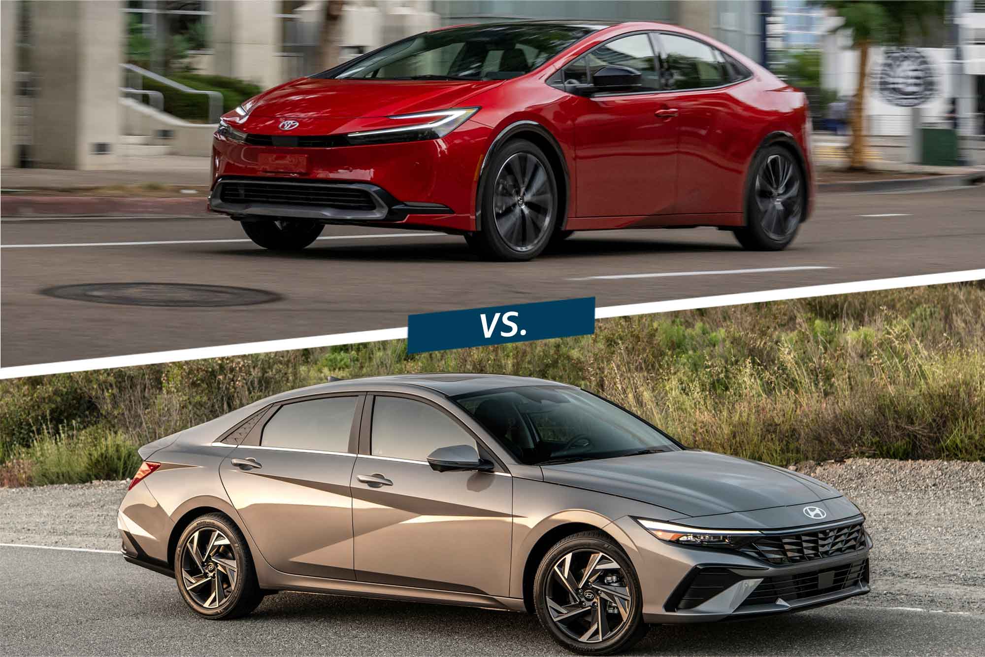 Split image with a red Toyota Prius on top and a gray Hyundai Elantra Hybrid on the bottom.