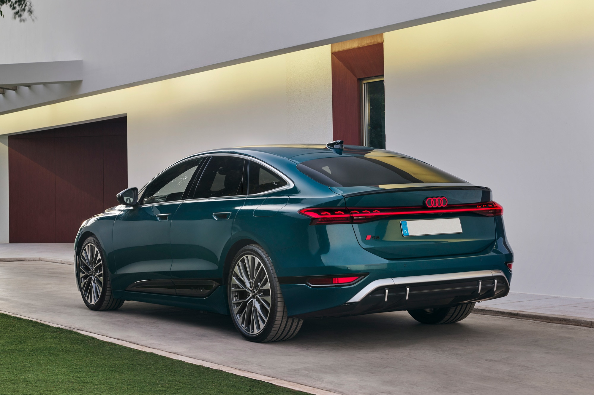 Rear of a blue Audi A6 e-tron