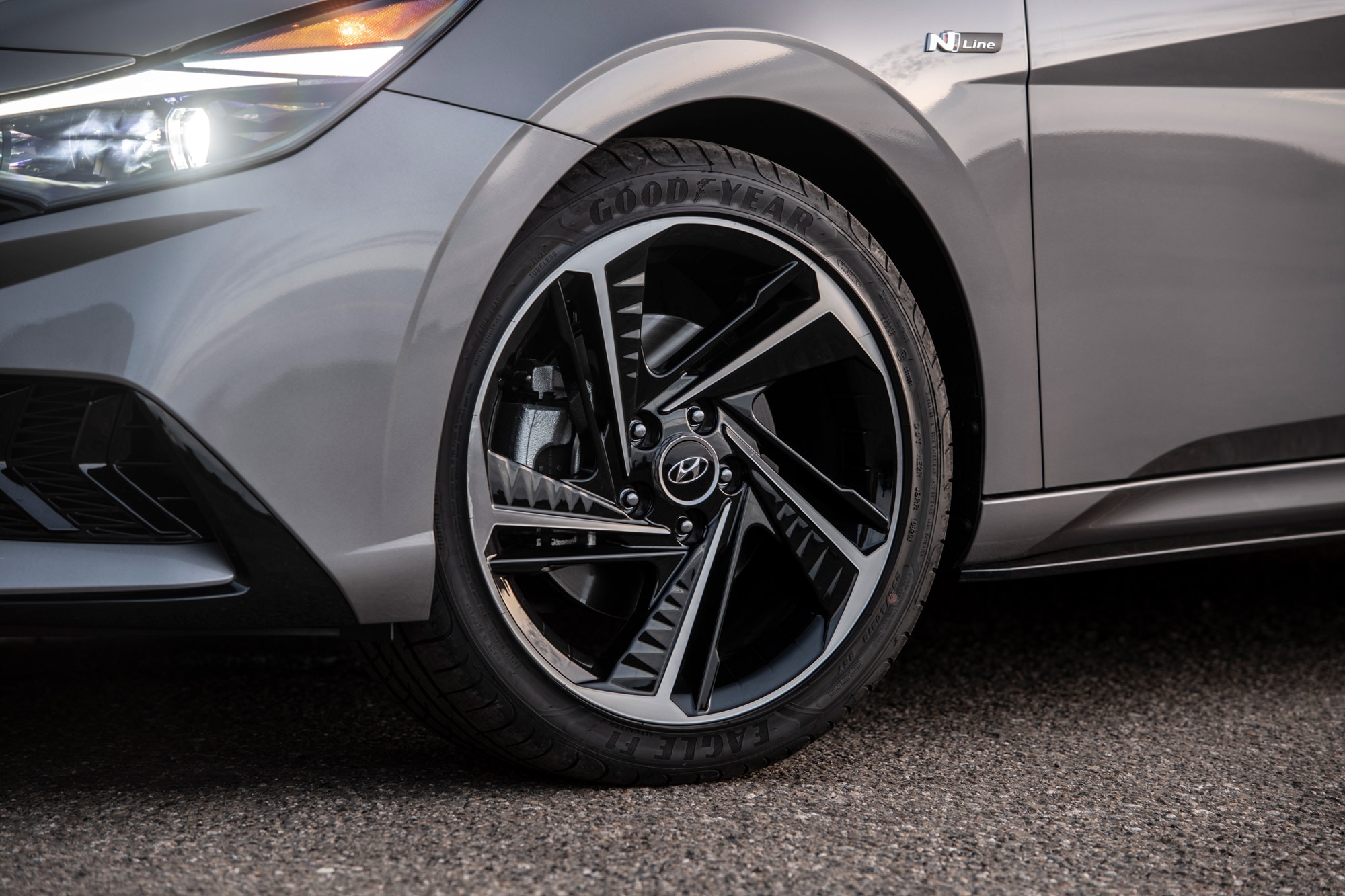 Front wheel and N Line badge on a Hyundai Elantra N Line