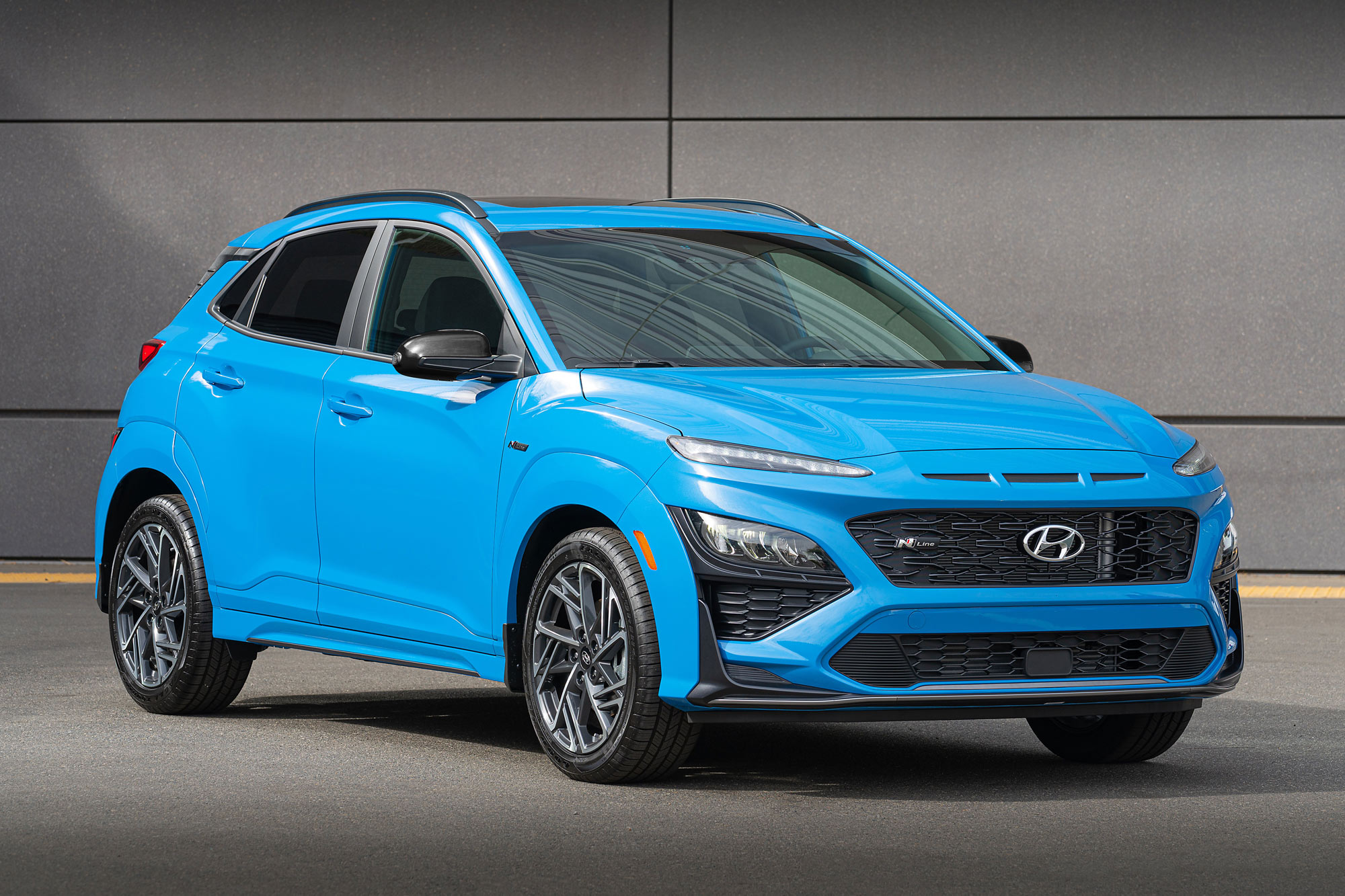 Front of a blue Hyundai Kona N Line