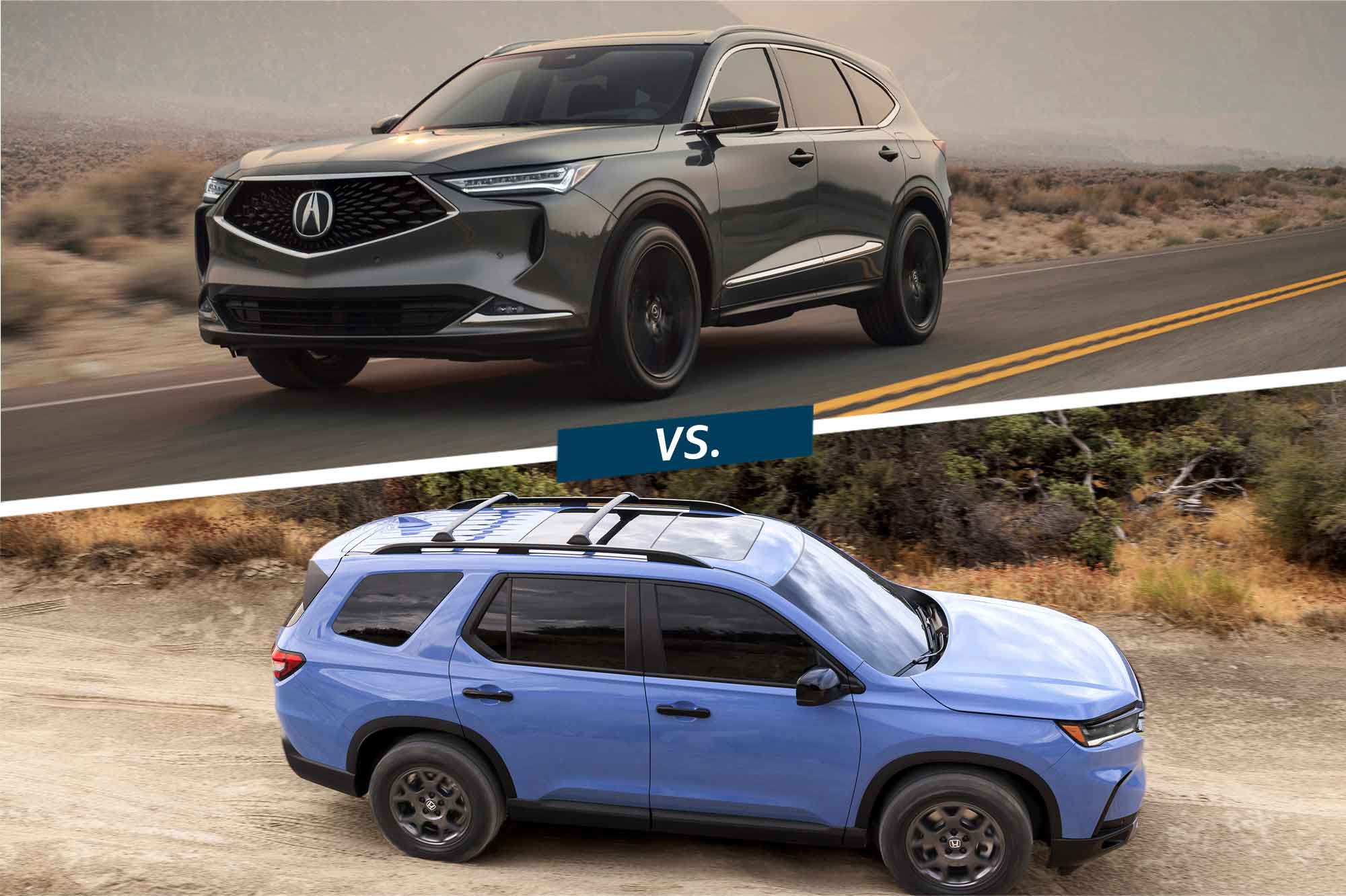 Acura MDX in dark gray on top of a split image with a blue Honda Pilot.