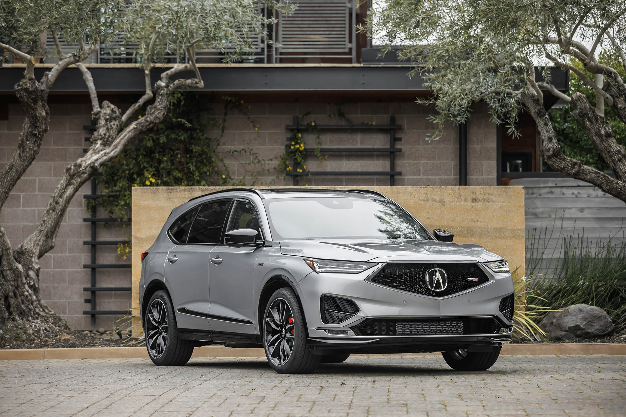 Acura MDX in silver parked in front of a residence.