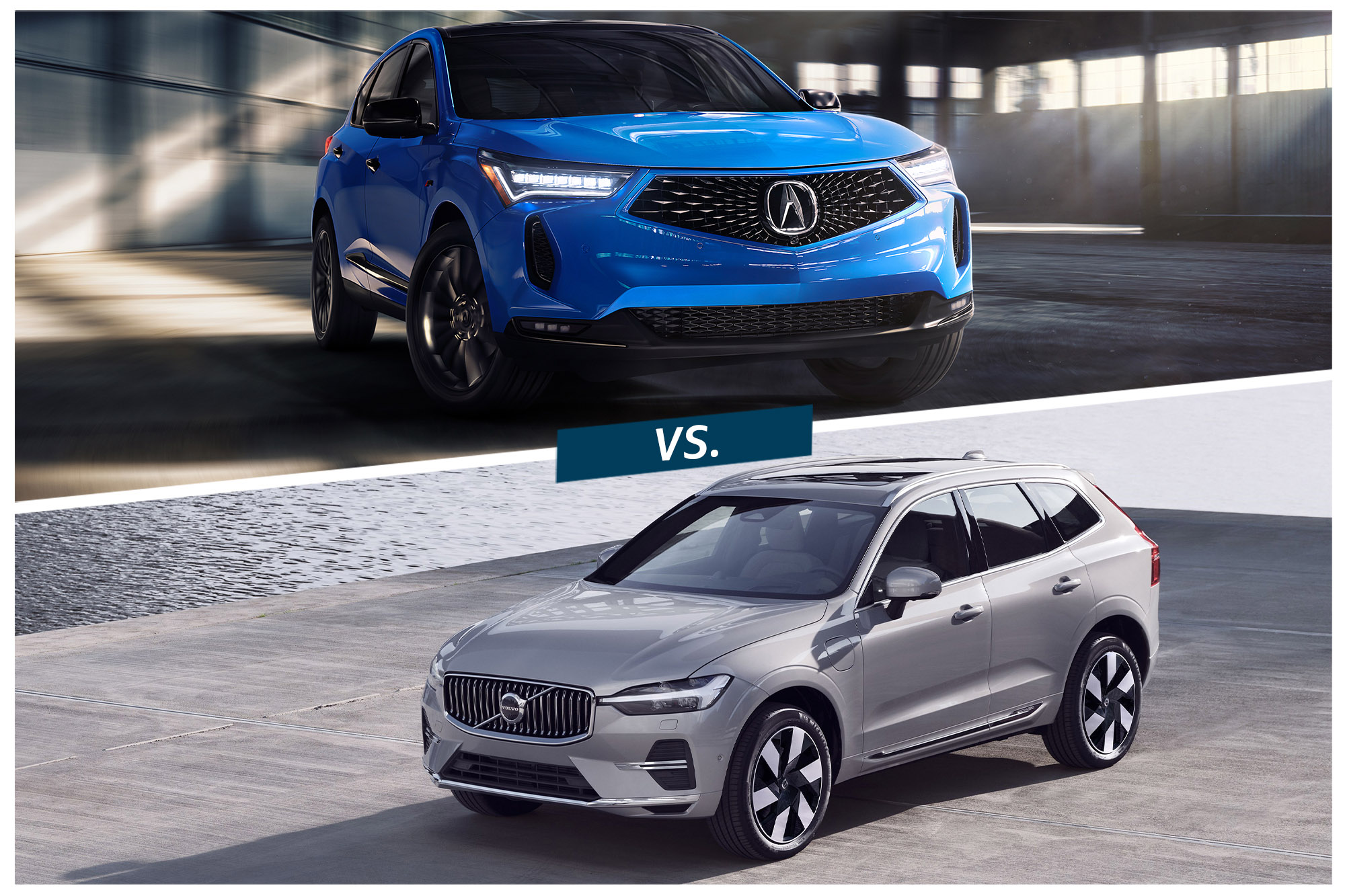 2023 Acura RDX in blue atop a 2023 Volvo XC60 in silver