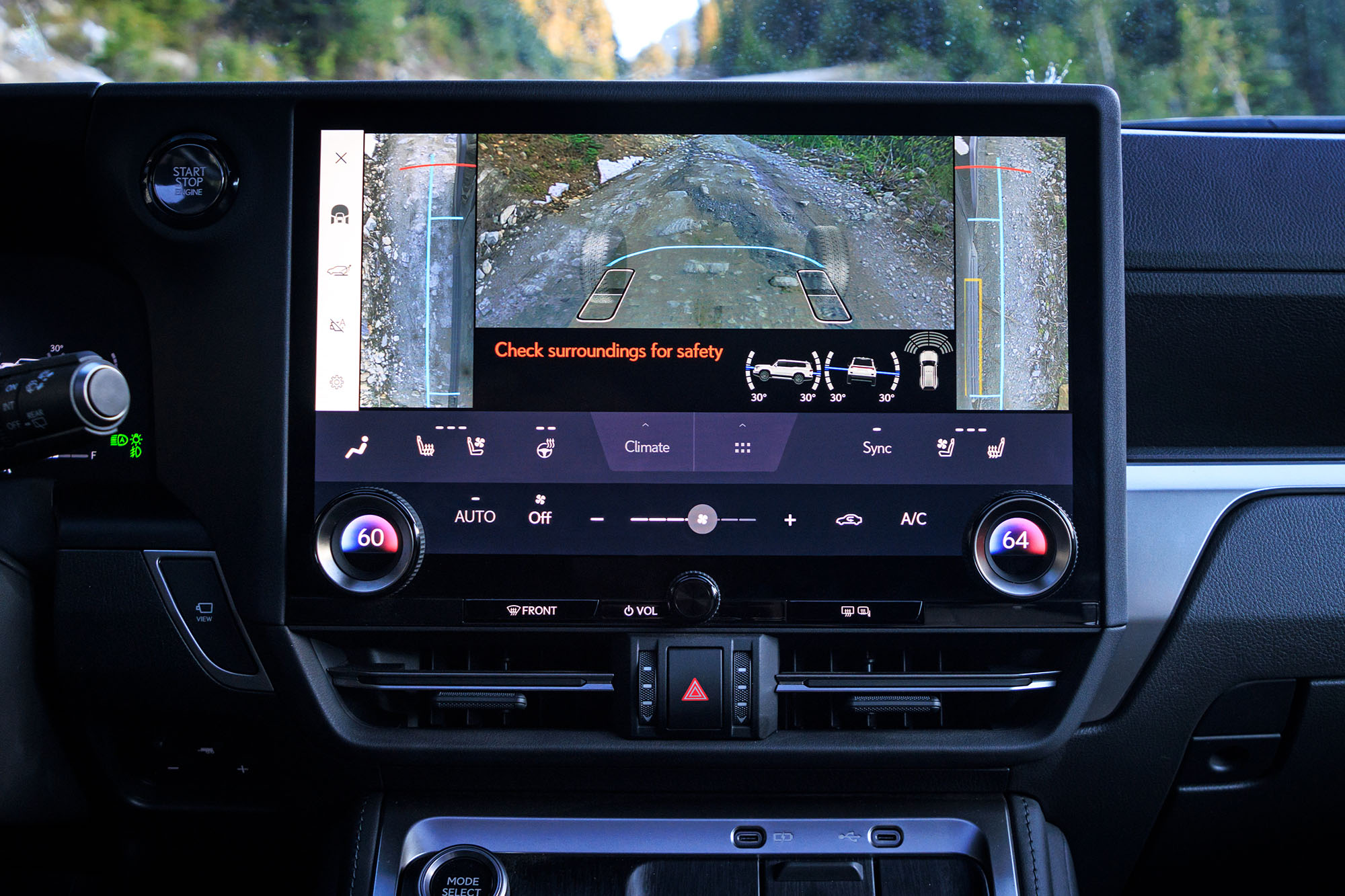 View of a 2024 Lexus GX Overtrail interior showing the see-through trail camera system.