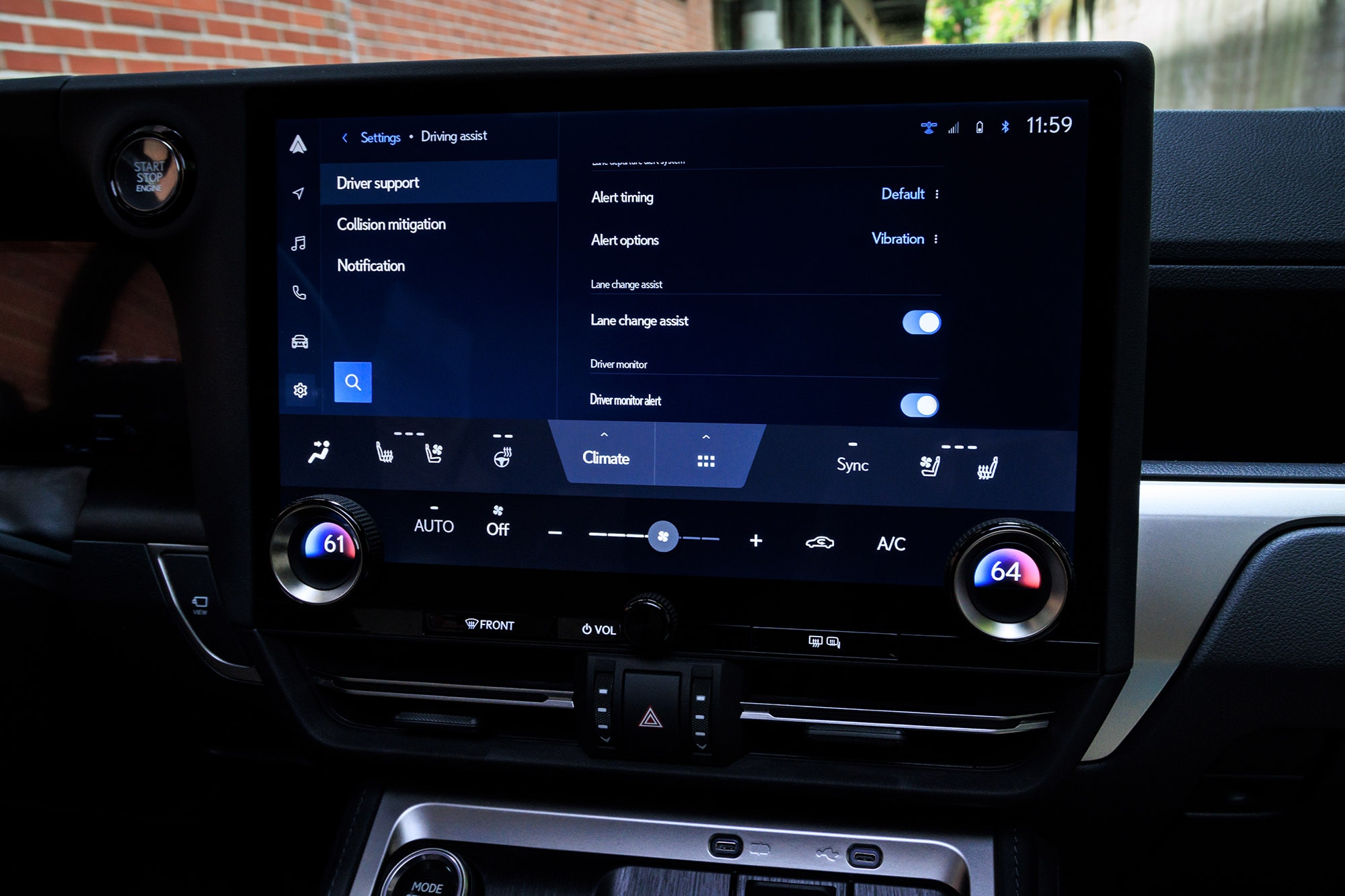 View of a 2024 Lexus GX Overtrail interior showing the safety features on the infotainment system screen.