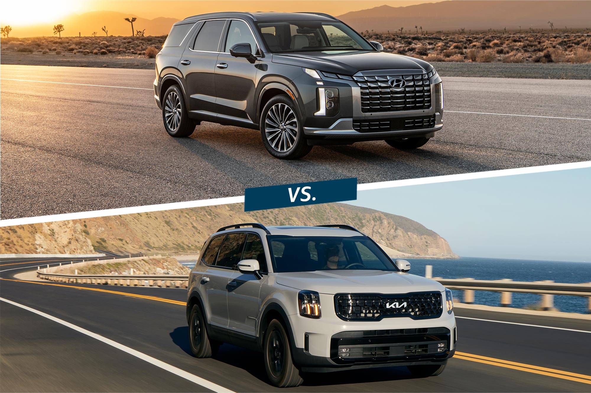 Gray 2024 Hyundai Palisade on desert highway compared with gray 2024 Kia Telluride on Pacific Coast Highway