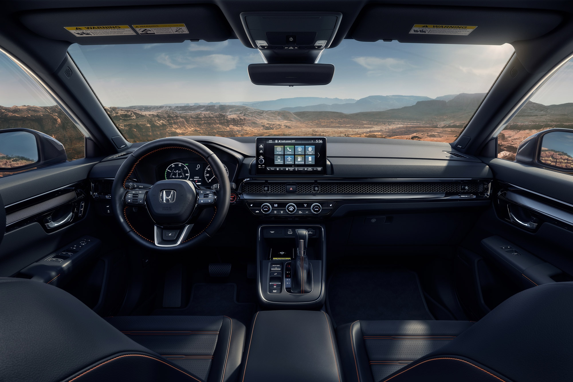 2023 Honda CR-V leather interior and dashboard with mountains in the background