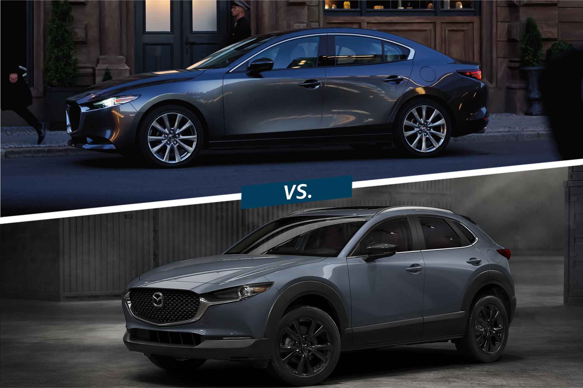 Dark silver Mazda 3 on top of a split image with a blue-gray Mazda CX-30.