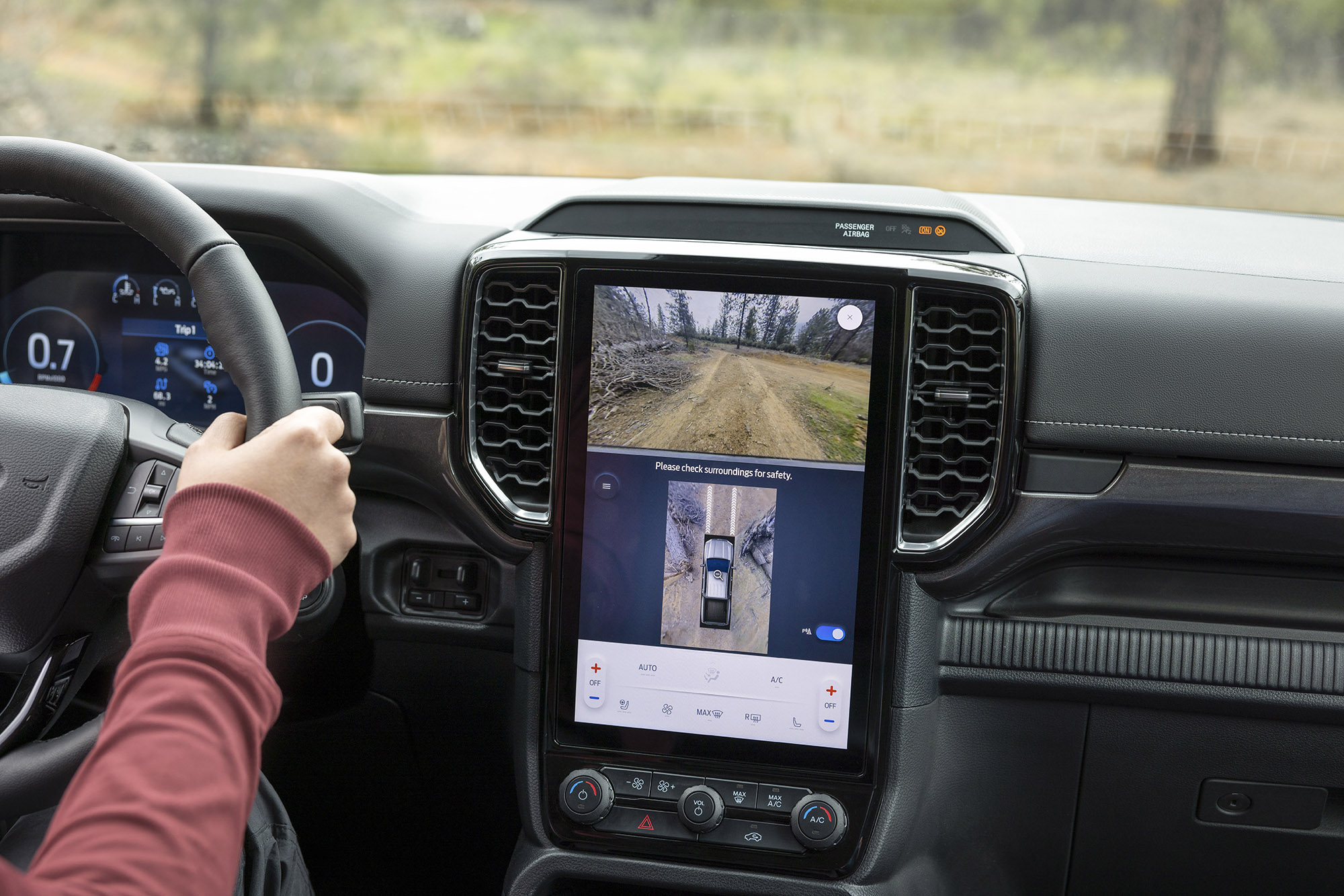 Ford Ranger infotainment screen with overhead camera view on.