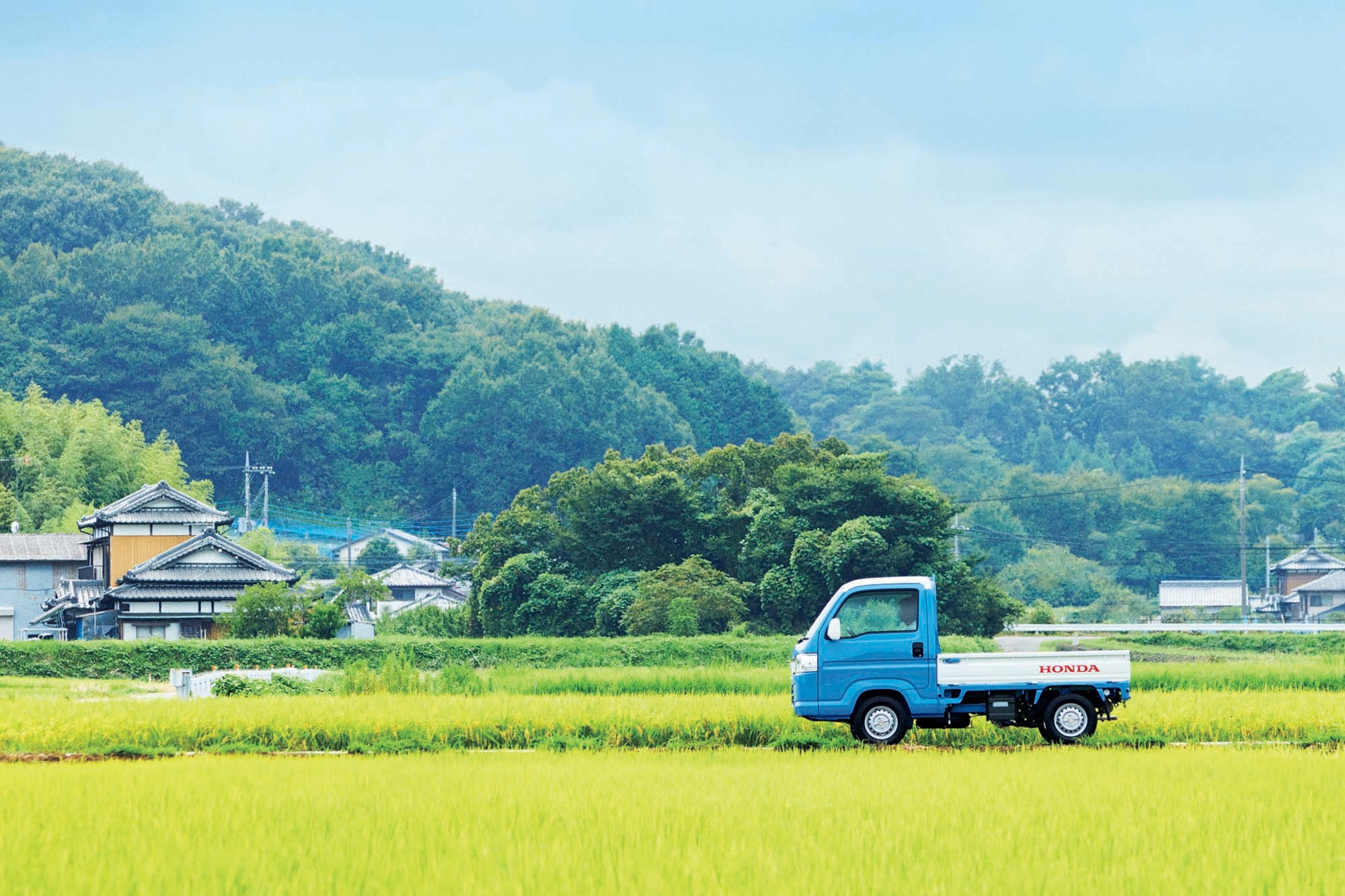 Honda Acty compact truck driving through green grass.