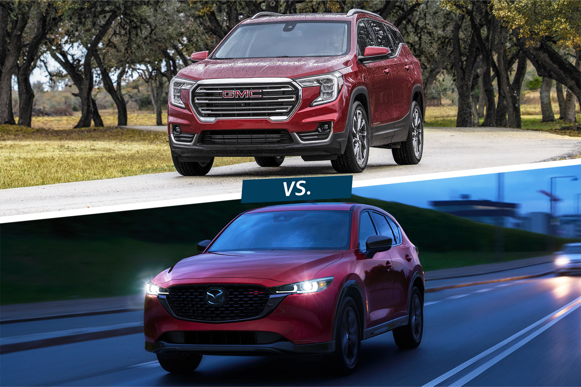 Red 2024 GMC Terrain above red 2024 Mazda CX-5