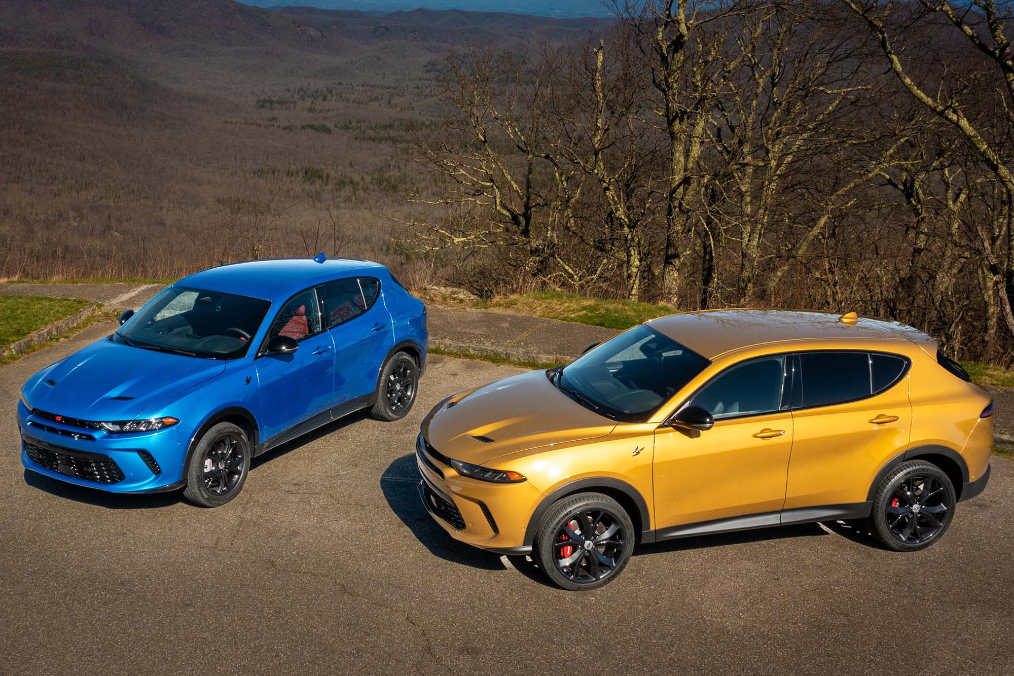 A blue 2023 Dodge Hornet parked next to a yellow Hornet in front of trees and mountains