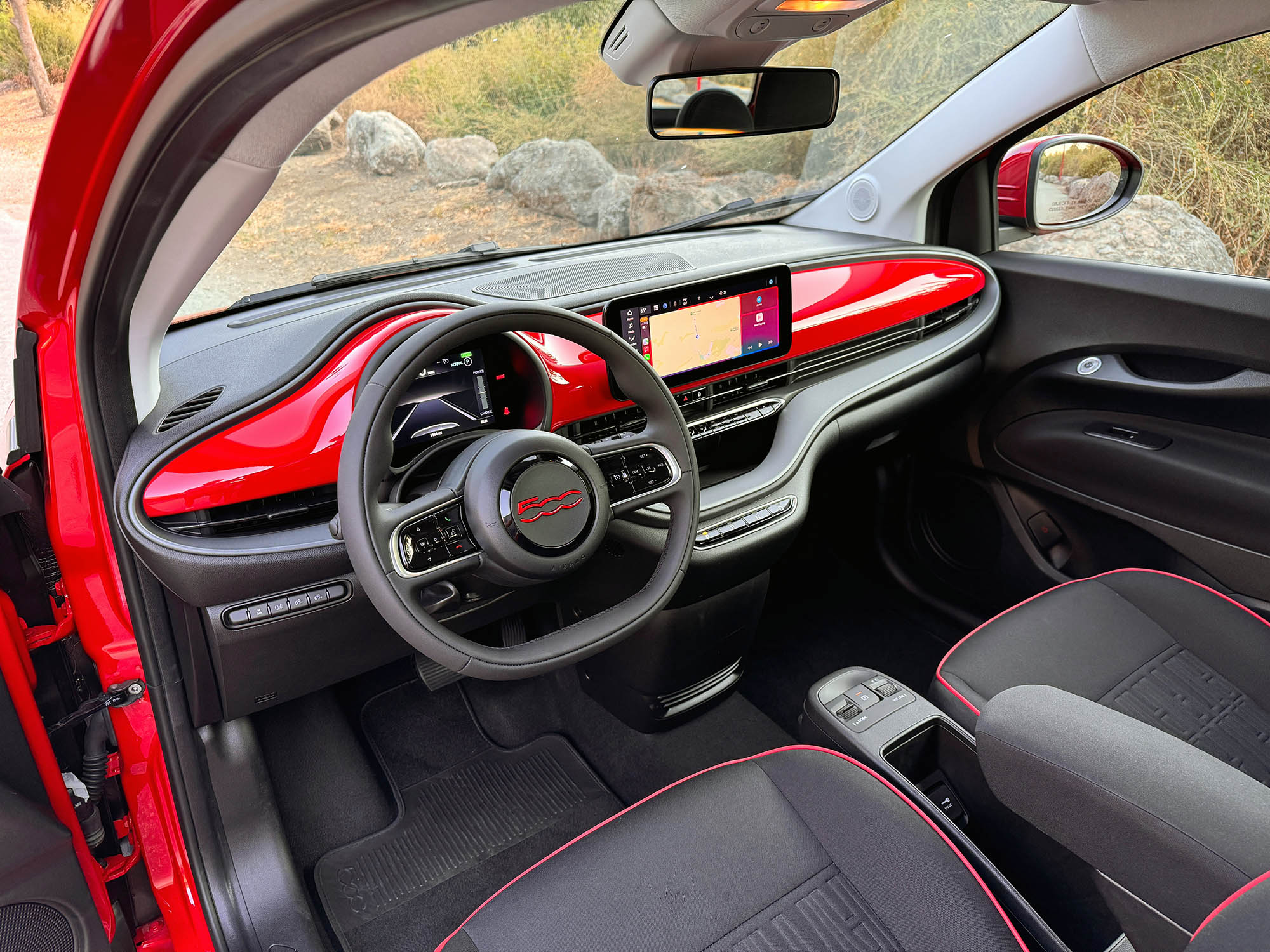 2024 Fiat 500e interior, dashboard, and front seats