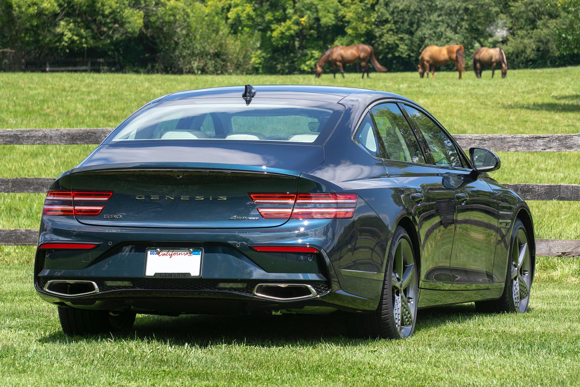 2025 Genesis G80 3.5T Sport Prestige in Tasman Blue, with a pasture and horses in the background