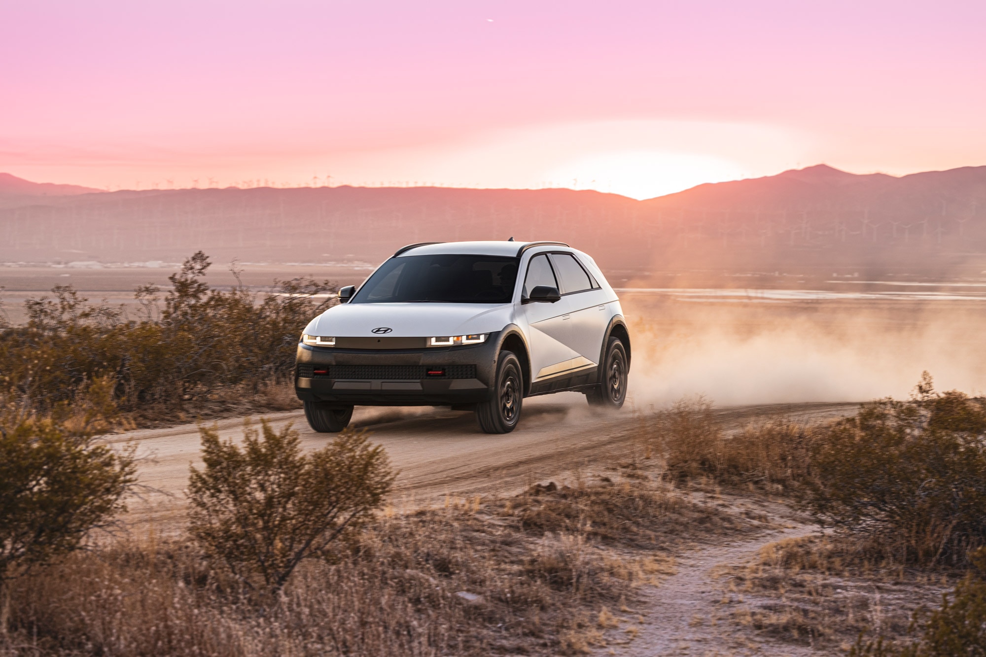 2025 Hyundai Ioniq 5 XRT drives on desert road.