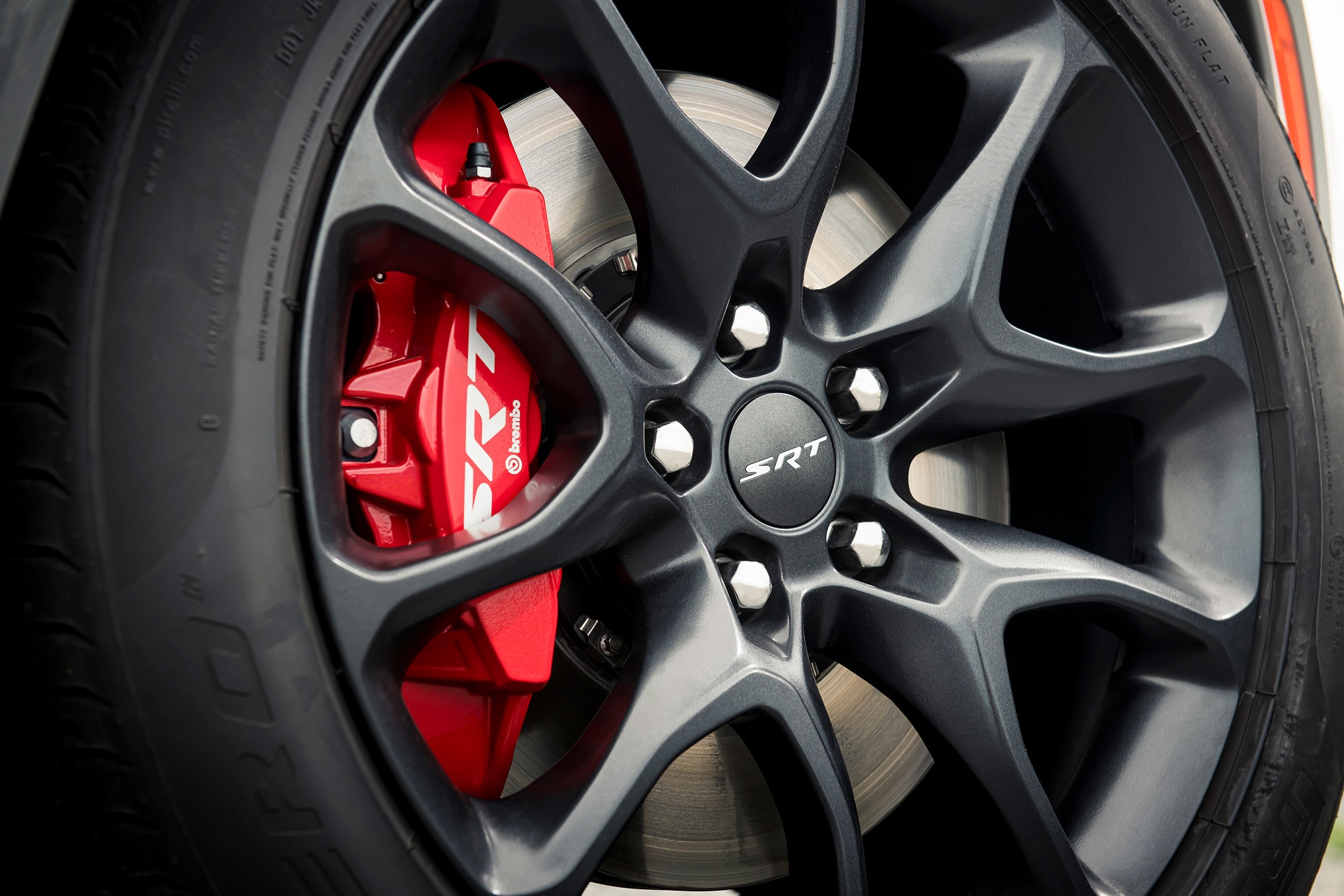 Brembo brake caliper on a Dodge Charger SRT