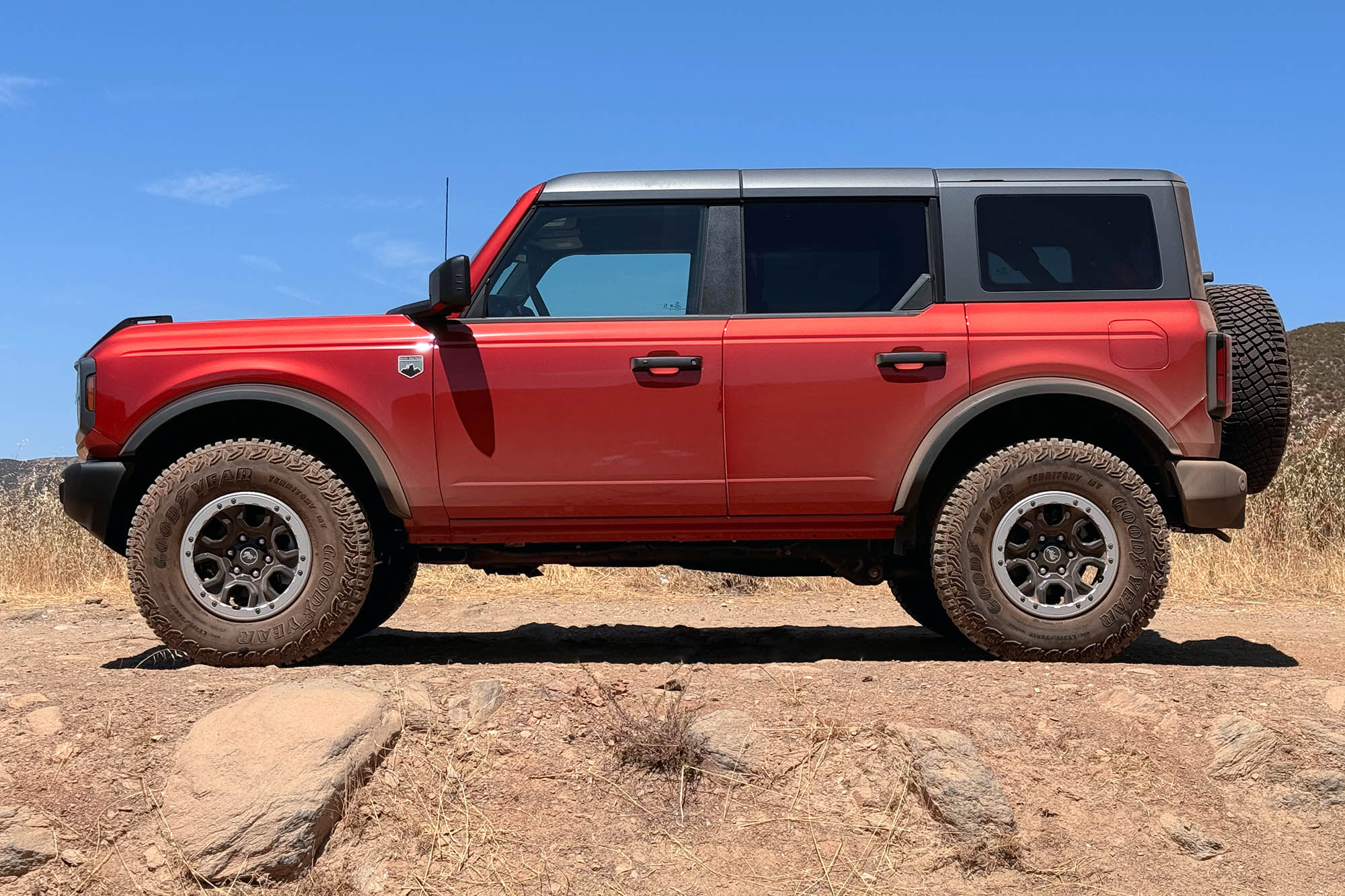 Side view of a red 2024 Ford Bronco Big Bend four-door